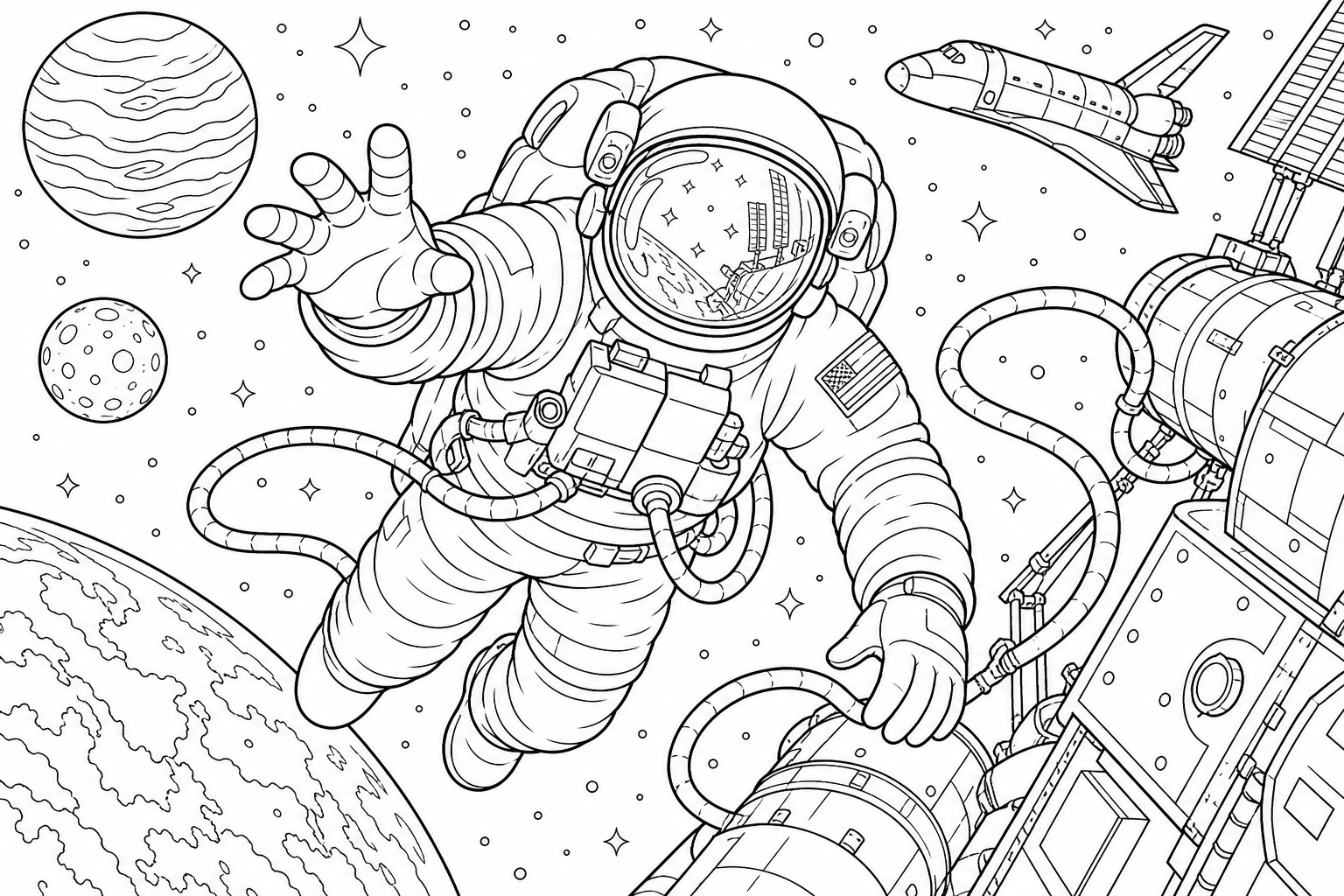 An astronaut floating on a spacewalk with tether lines trailing and a reflective helmet visor