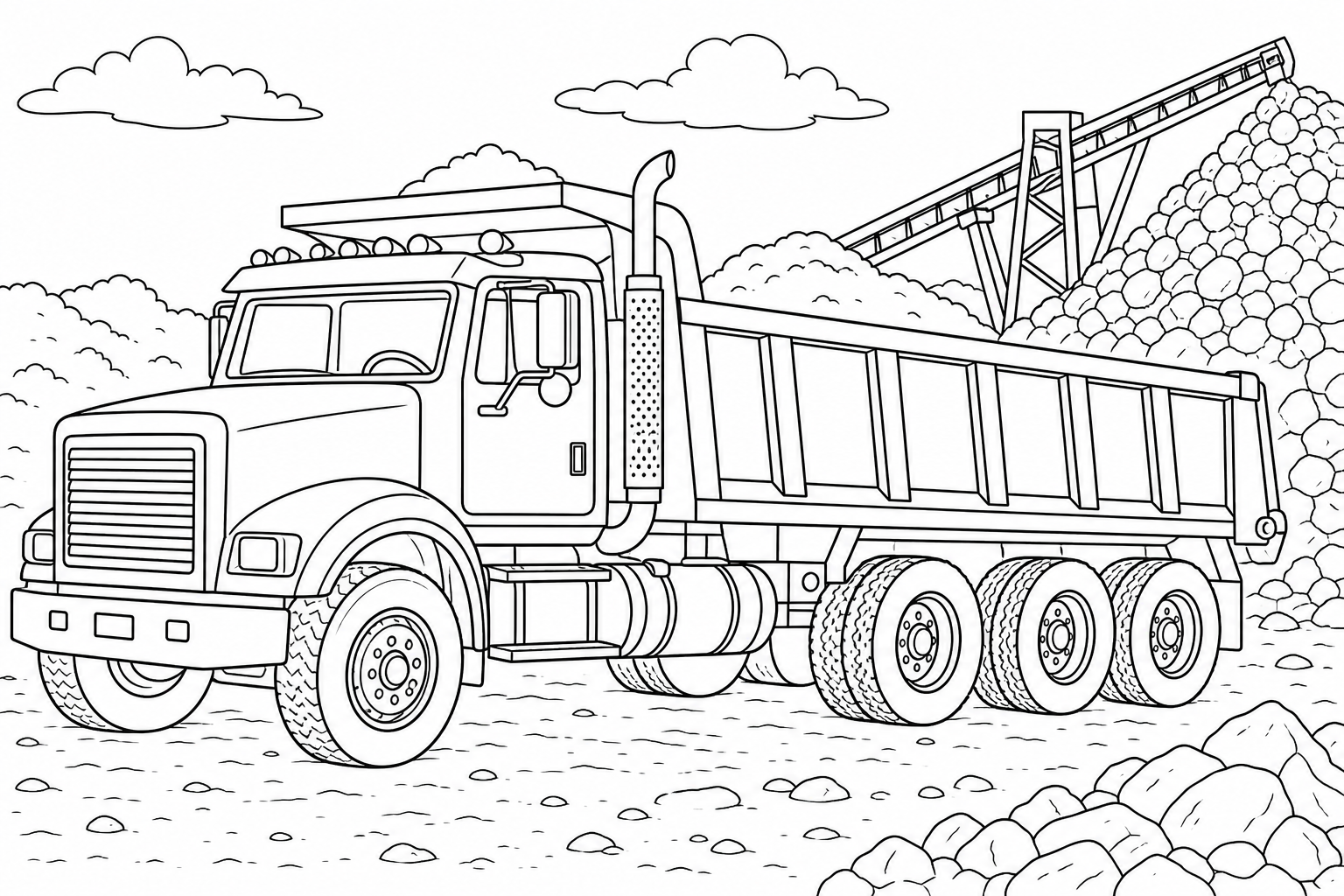 A dump truck parked and waiting to be filled, empty tilting bed lowered, bold clear shapes