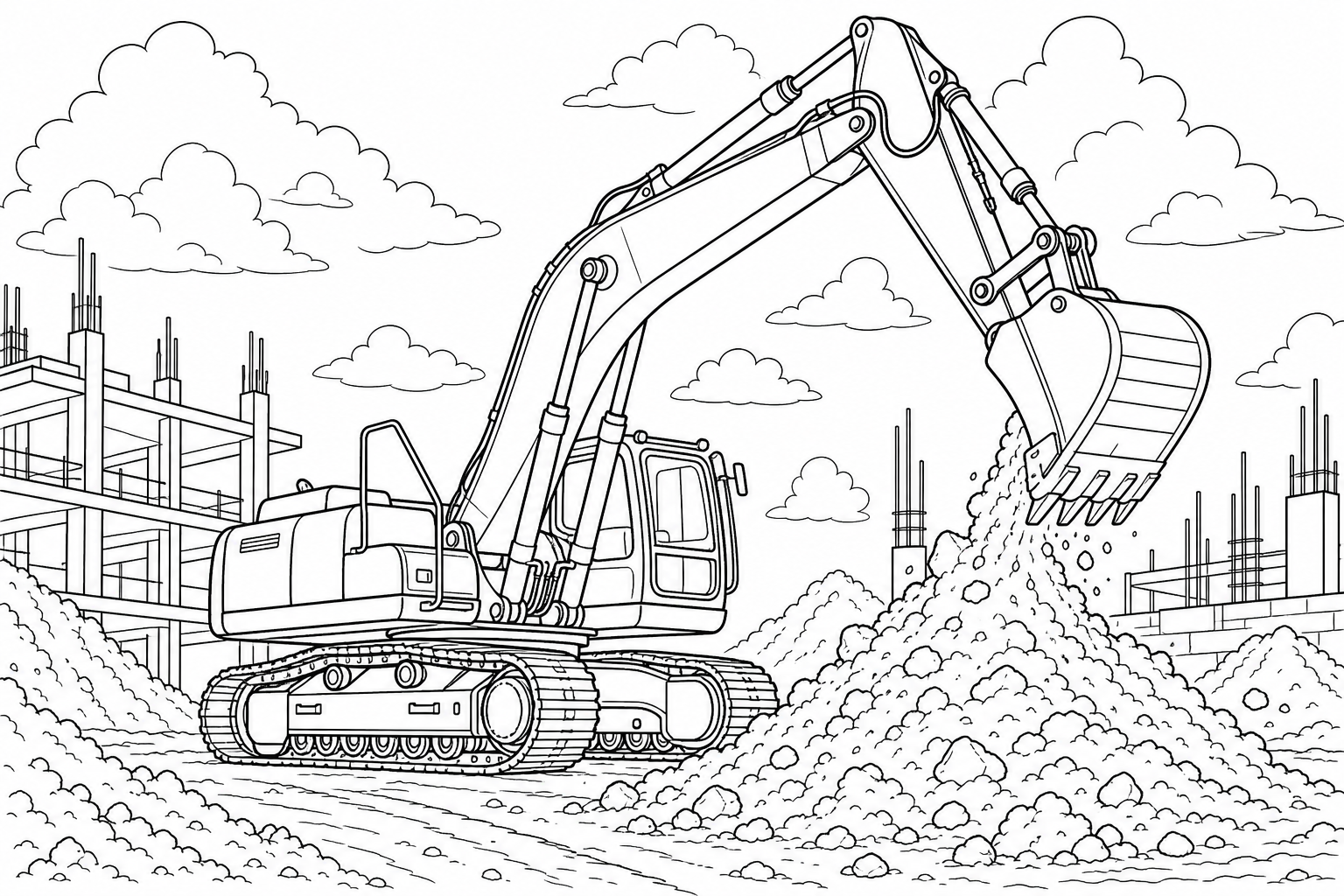An excavator with its boom raised high and bucket tipped forward, parked on a construction site with piles of earth around it