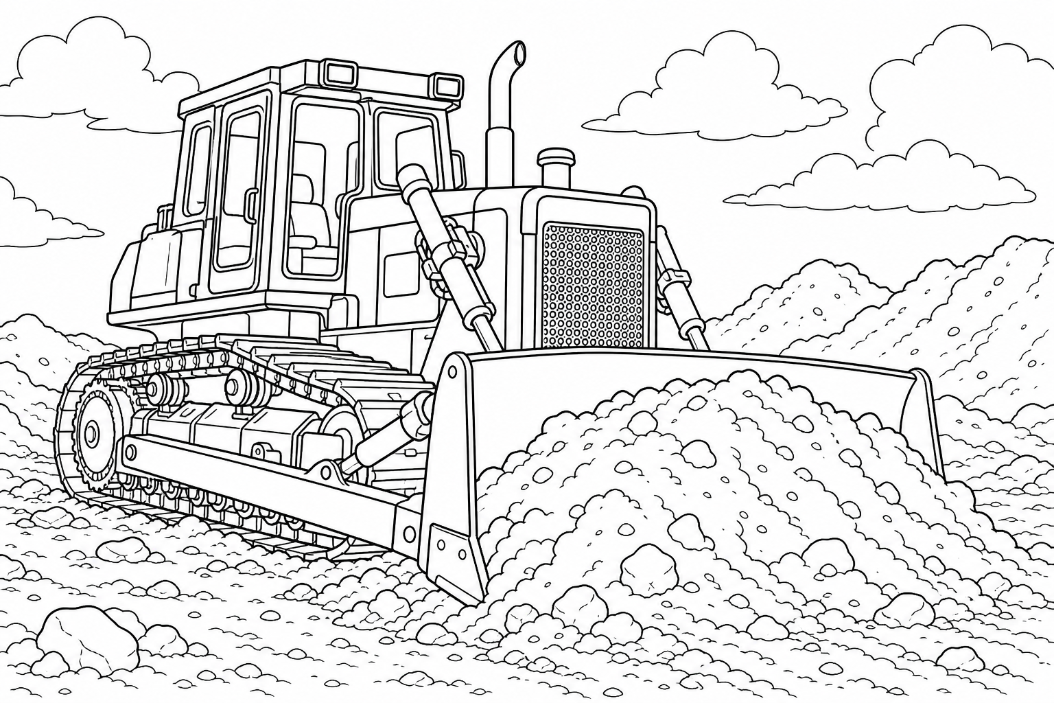 A bulldozer pushing a big pile of dirt with its wide angled front blade, crawler tracks digging in