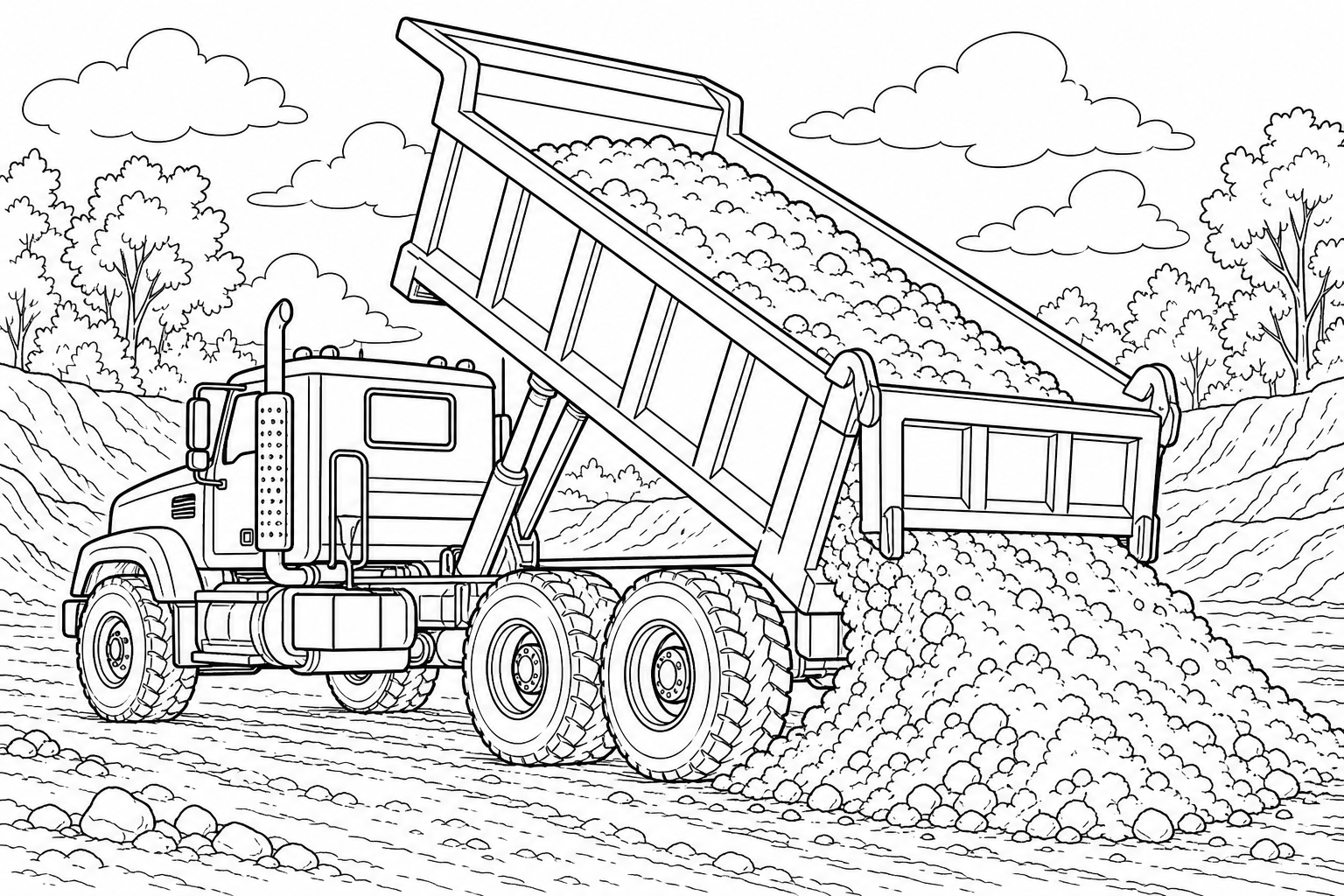 A heavy dump truck tipping its raised bed to pour out a load of soil at the back, big wheels on a dirt site