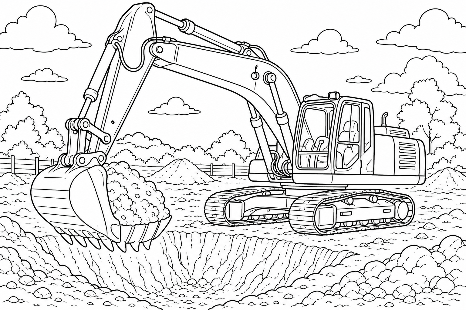 A large excavator digging a deep hole, long hydraulic arm and toothed bucket full of soil, crawler tracks planted on a dirt lot