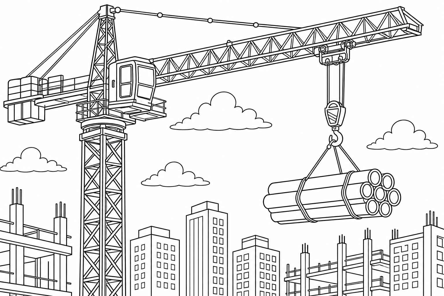 A construction crane raising a bundle of pipes into the air, tall lattice tower and operator cabin