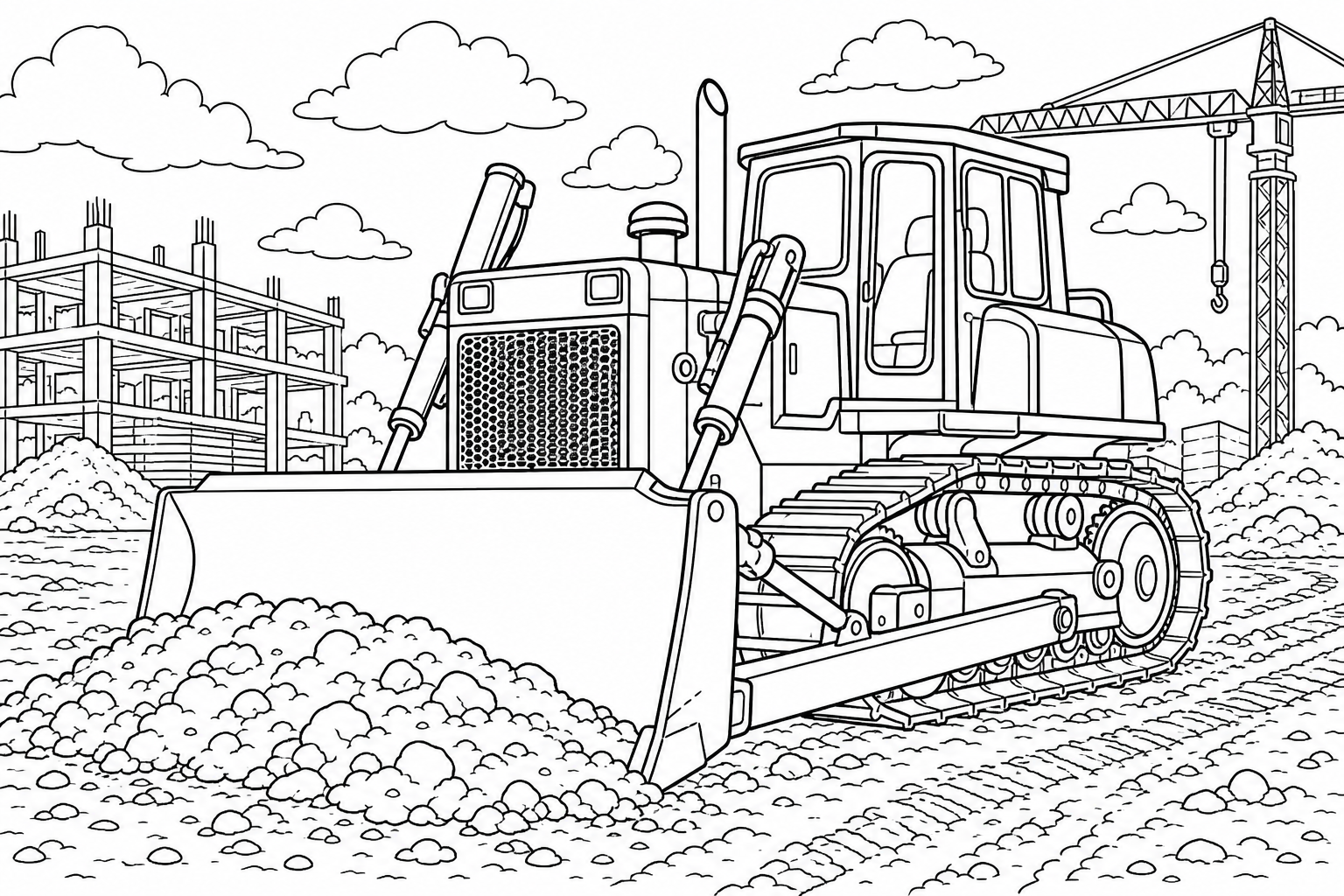 A bulldozer leveling ground on a construction site, blade lowered, strong boxy body on tracks