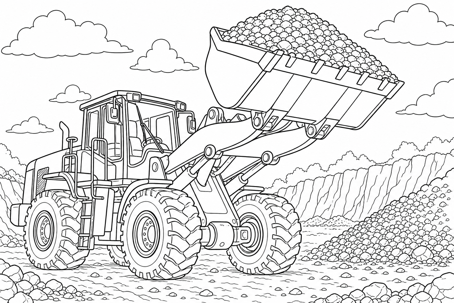 A wheel loader lifting a full front bucket of gravel, big rubber tires and a raised scoop