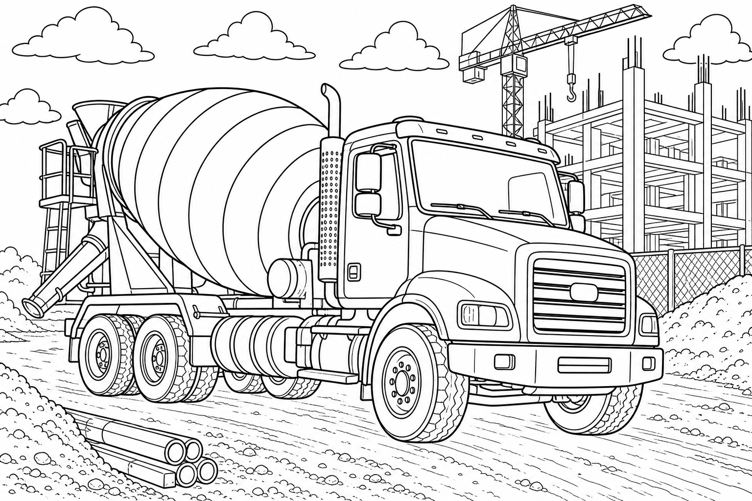 A concrete mixer truck driving to a site, spiral striped drum turning on its back, sturdy chassis and wheels