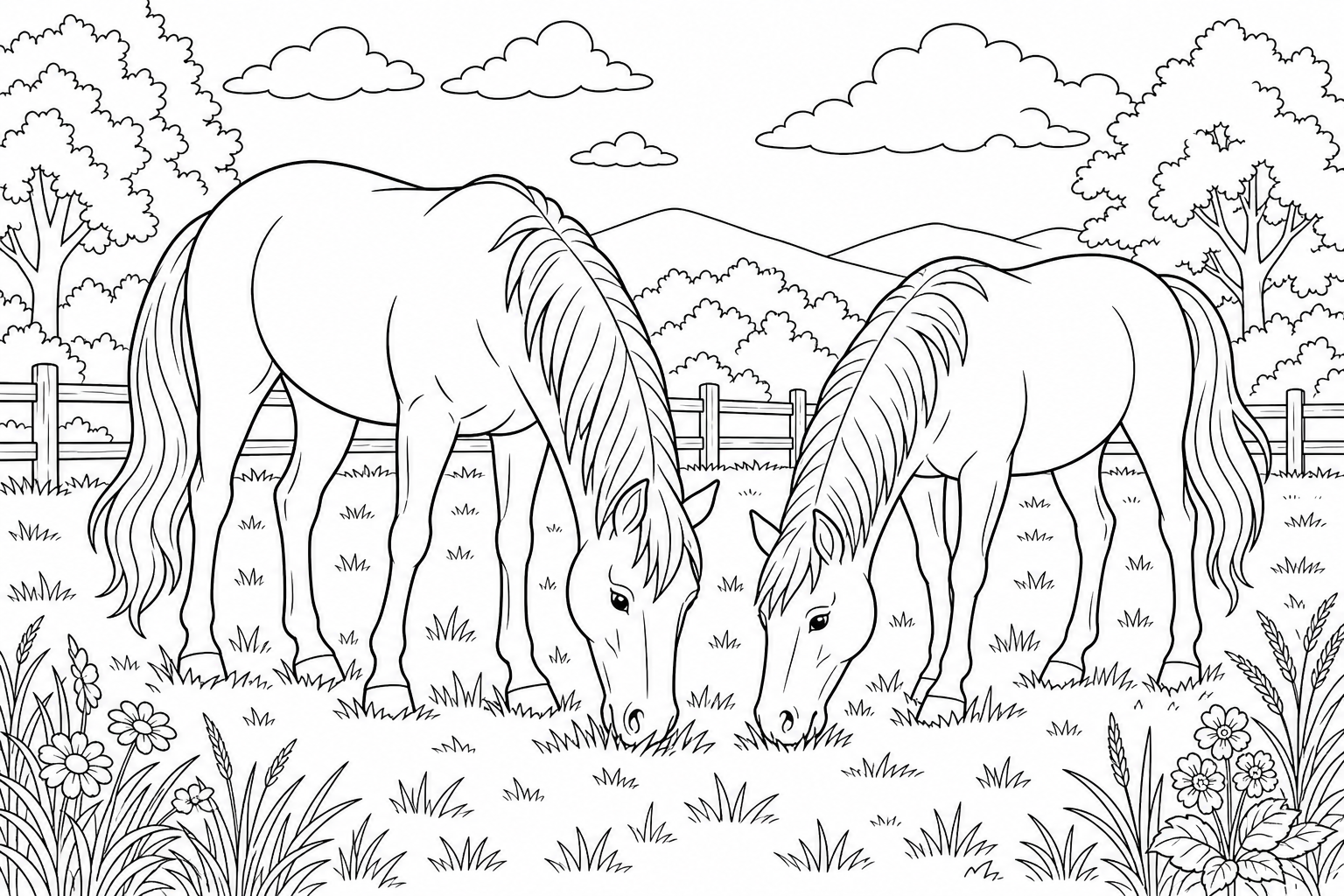 Two Horses Grazing Coloring Page