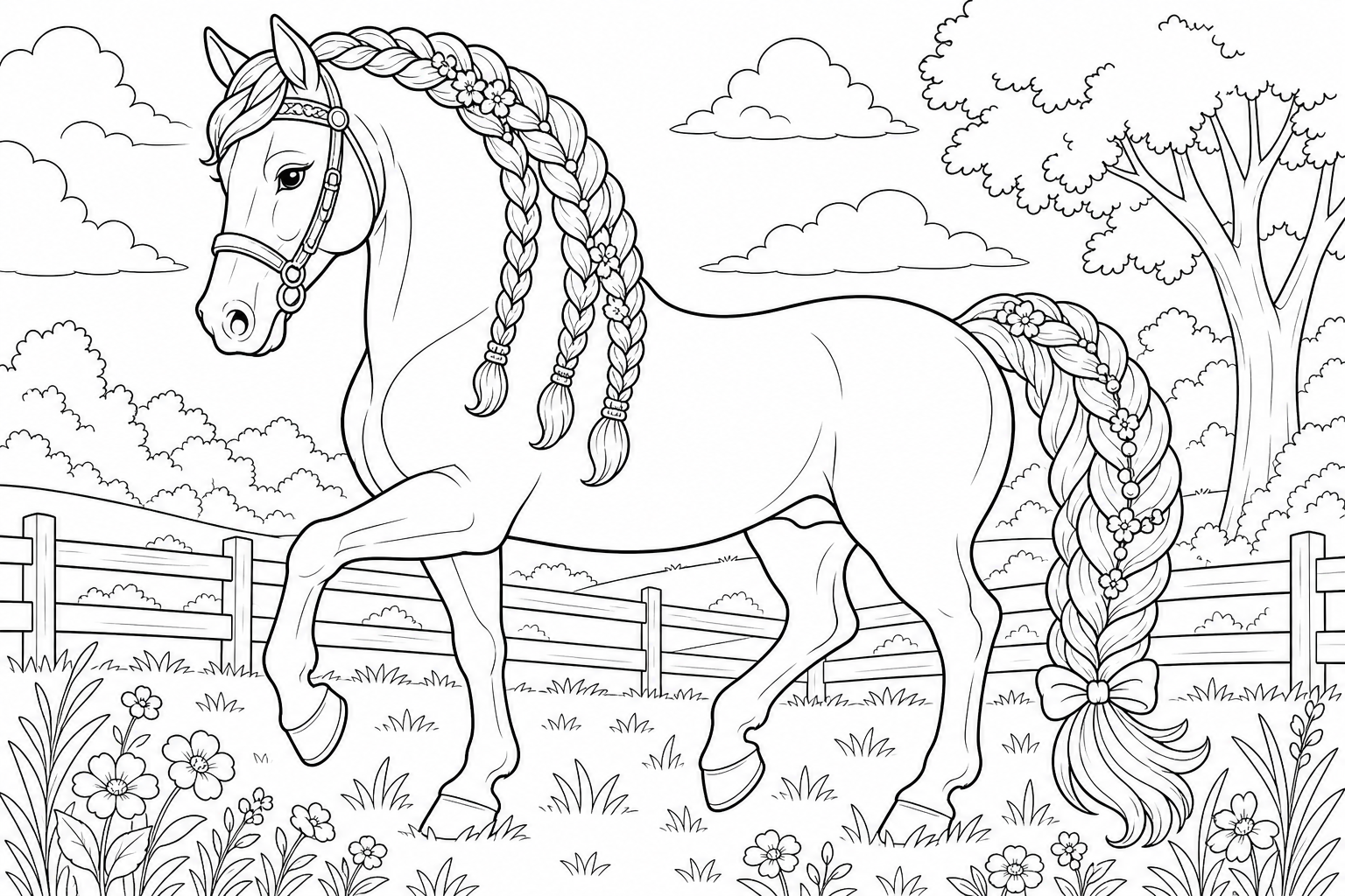 Horse Coloring Page with Braided Mane