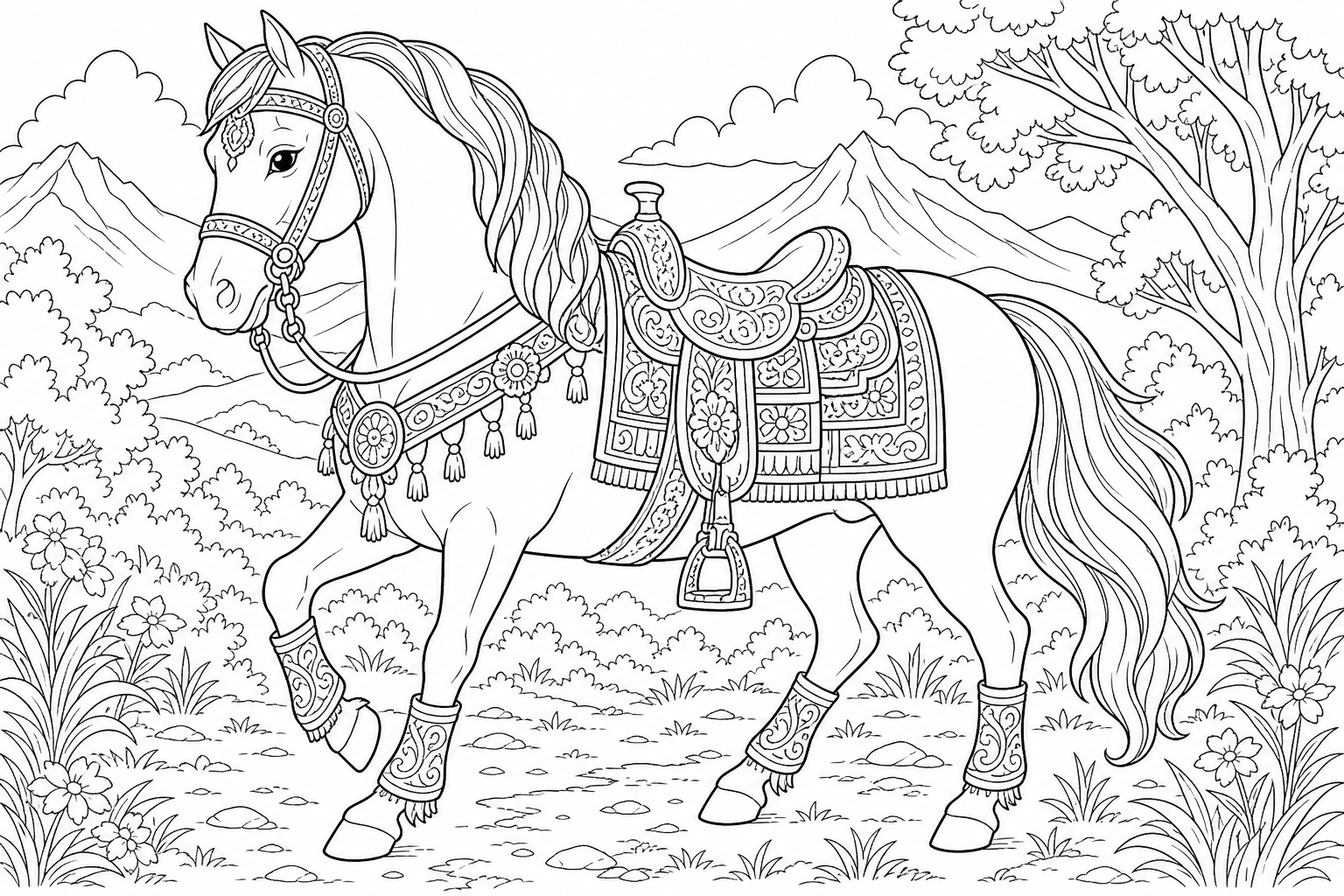 Horse Coloring Page with Ornate Saddle