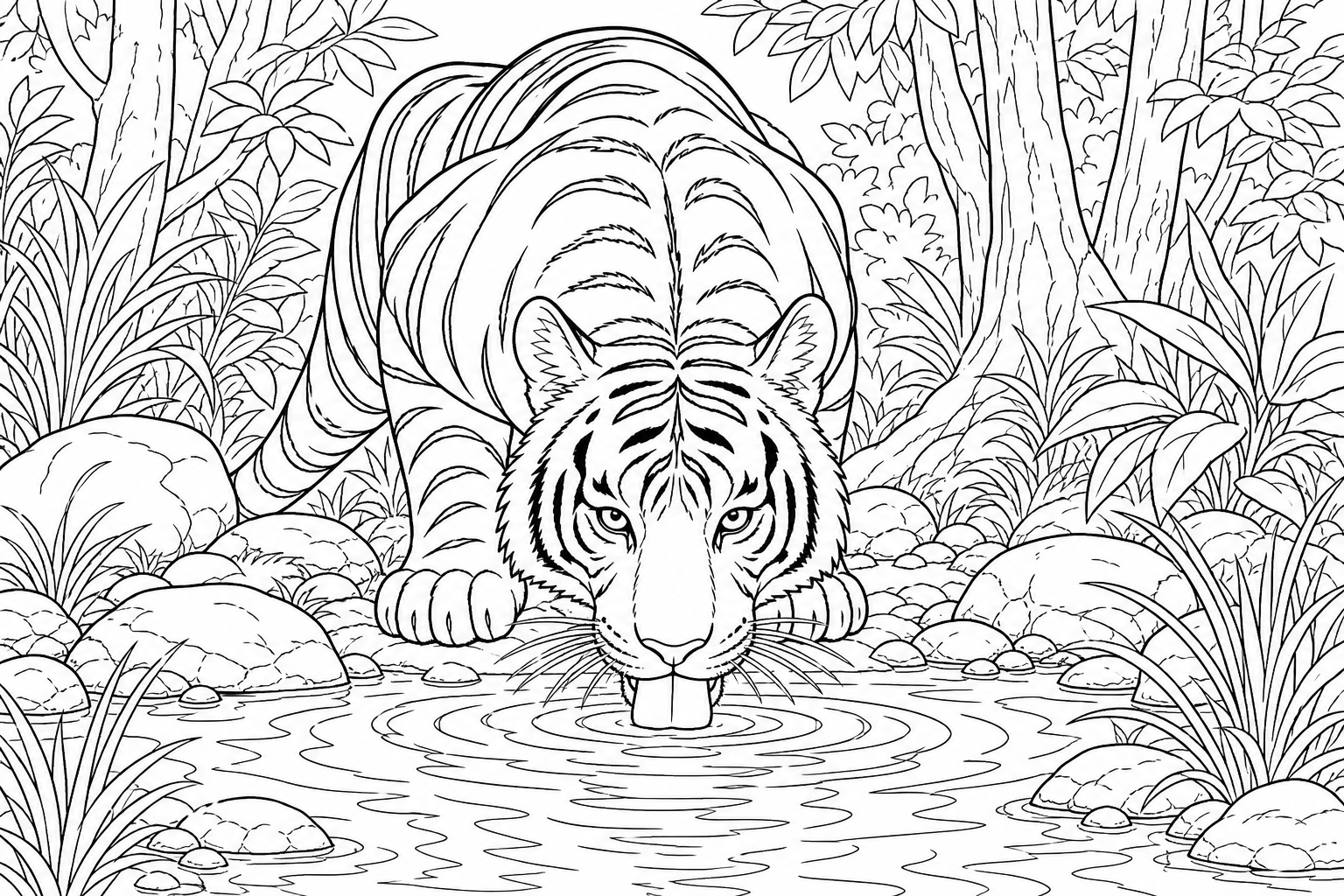 Tiger Drinking at Pond Coloring Page