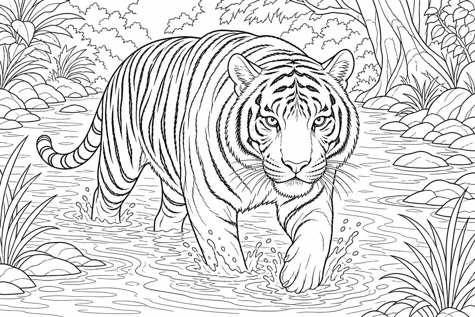 Tiger in Water Coloring Page for Kids