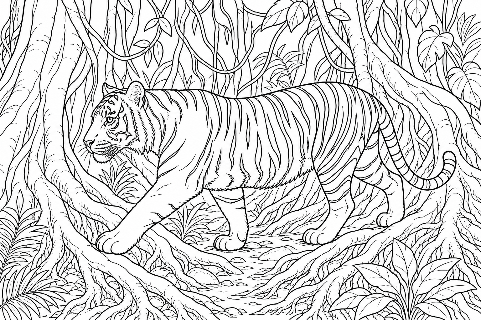Dibujo para colorear de tigre en la selva