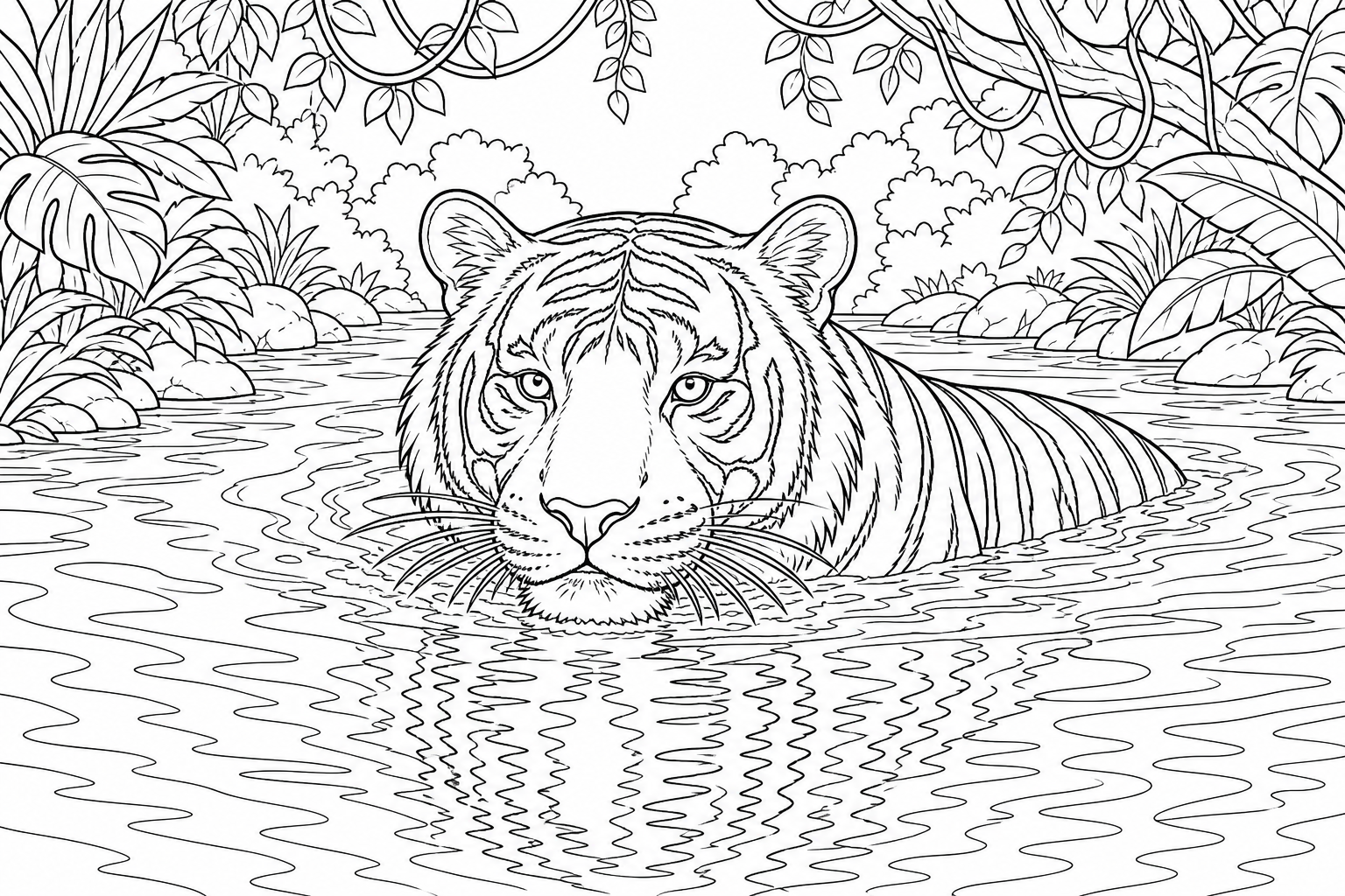 Tiger in Jungle River Coloring Page