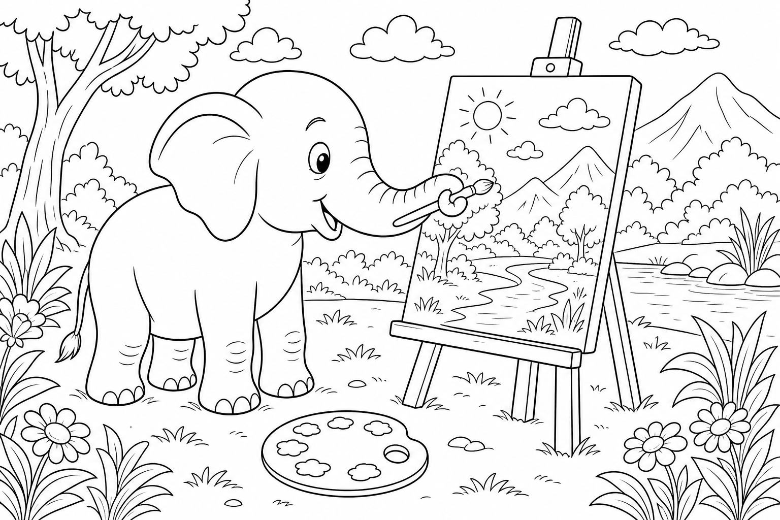 Elephant Painting at Easel Coloring Page