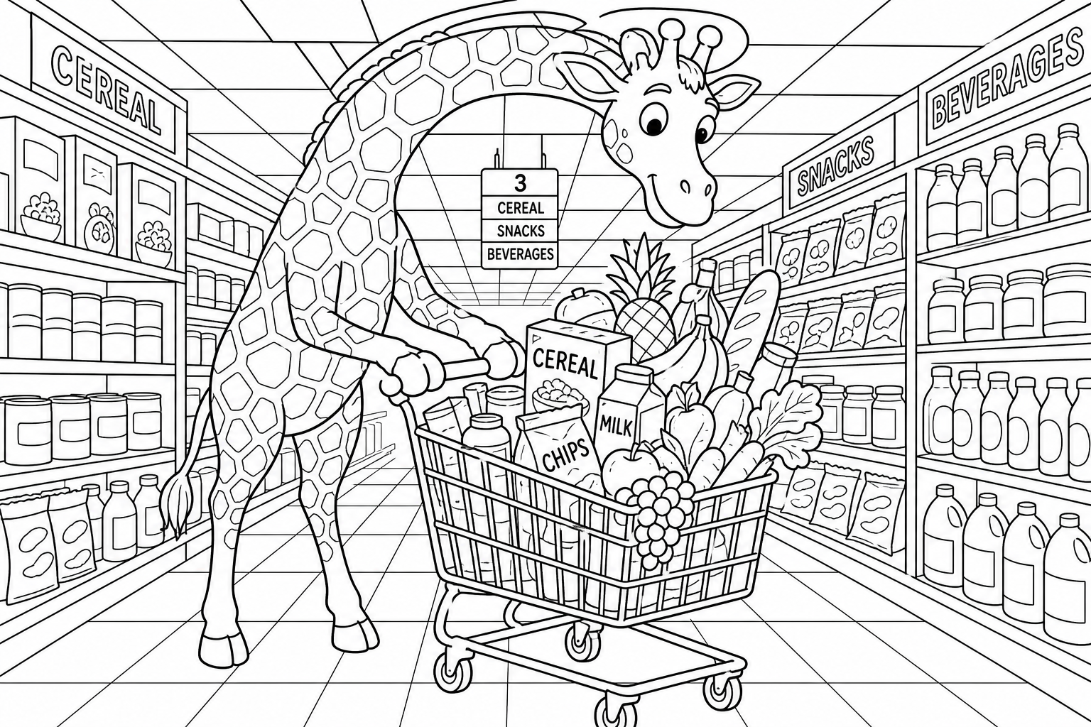Giraffe Shopping Coloring Page for Kids
