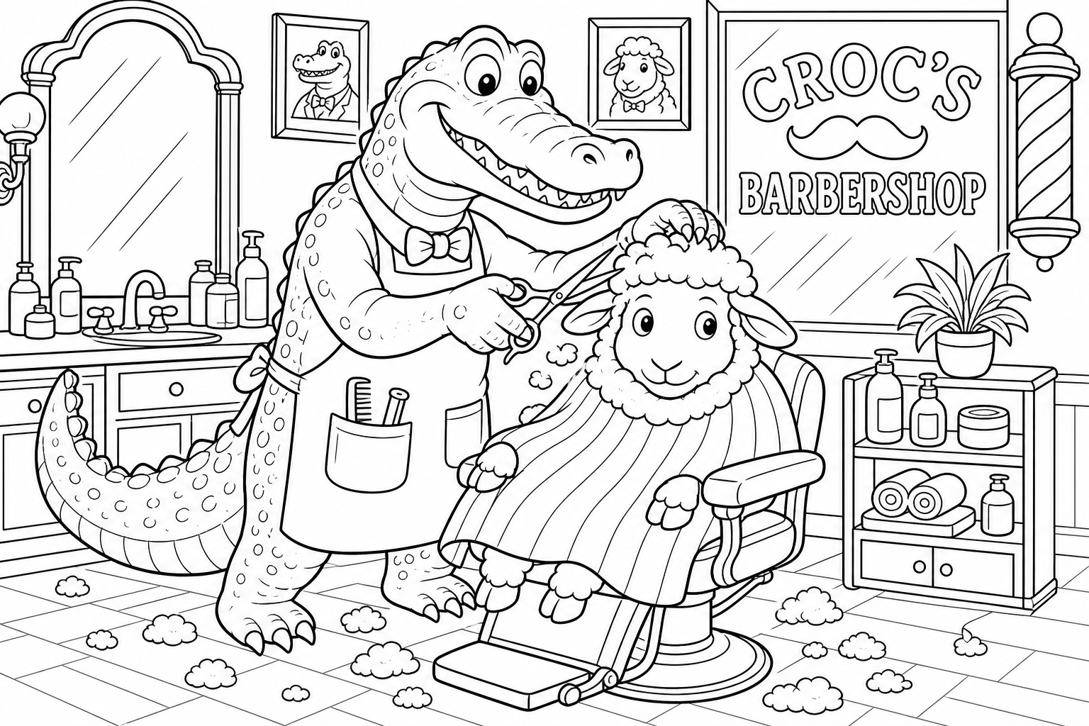 Crocodile Barber Coloring Page for Kids