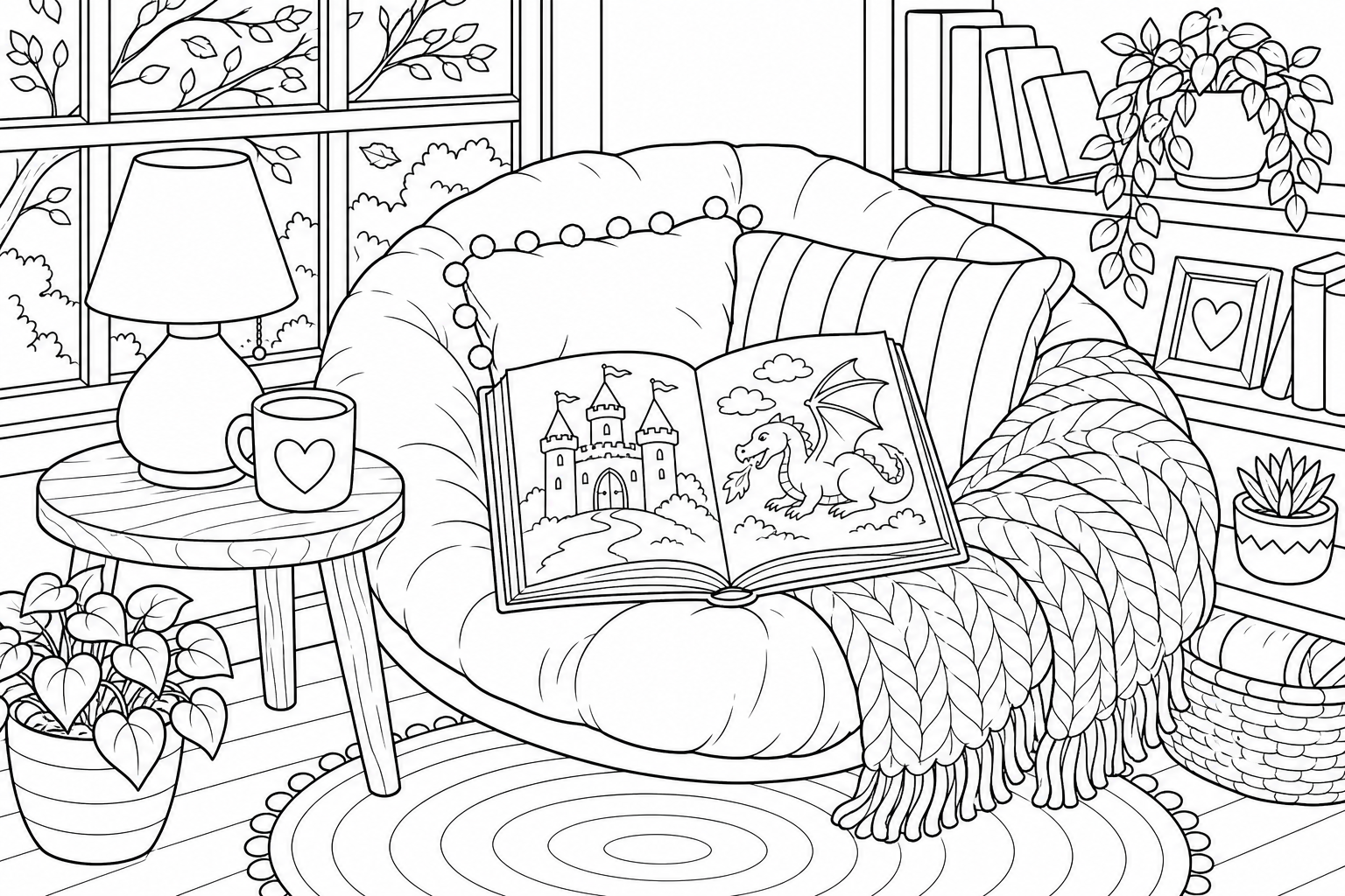Cozy Reading Nook Coloring Page for Kids