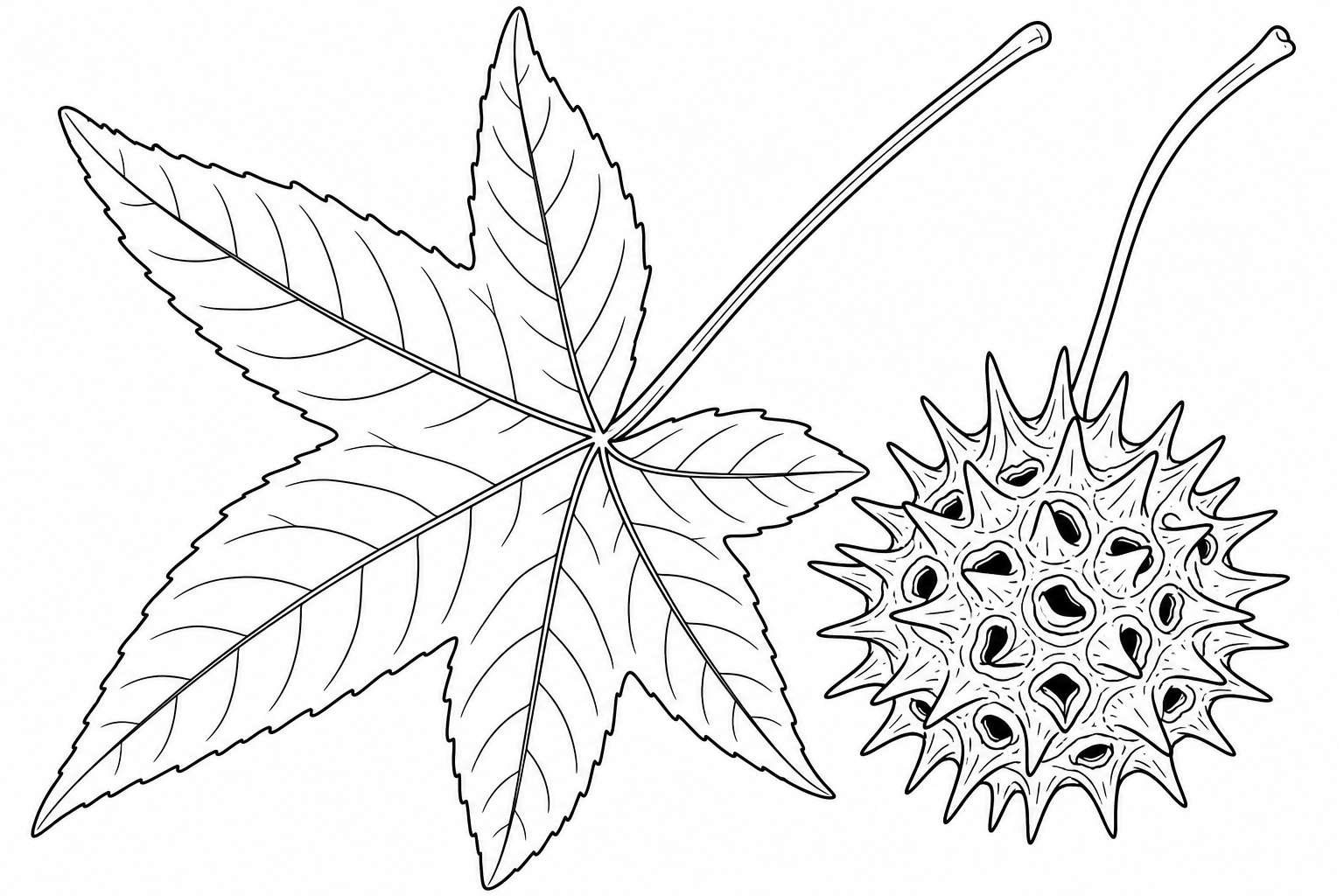 Sweetgum Leaf and Seed Pod Coloring Page