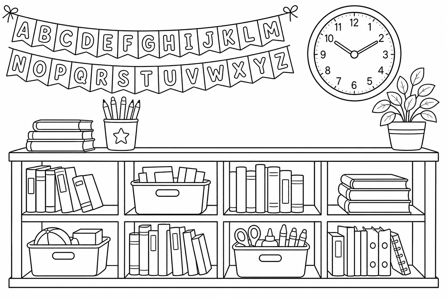 Classroom Bookshelf Coloring Page for Kids