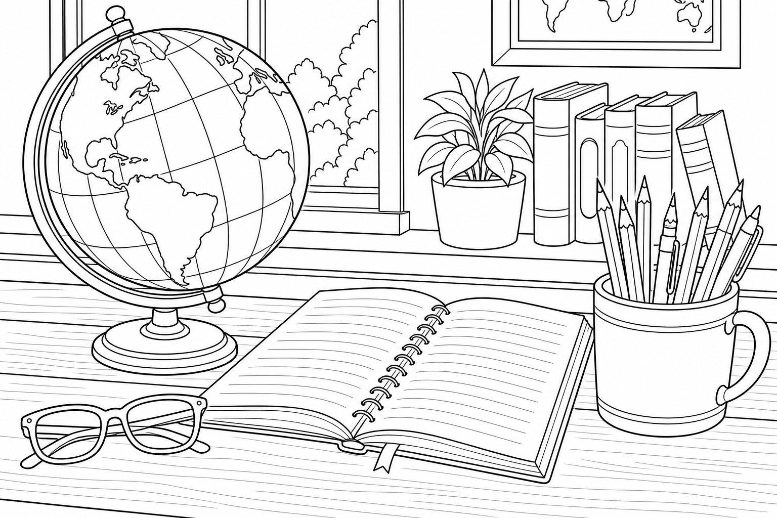 Desk with Globe Coloring Page for Kids