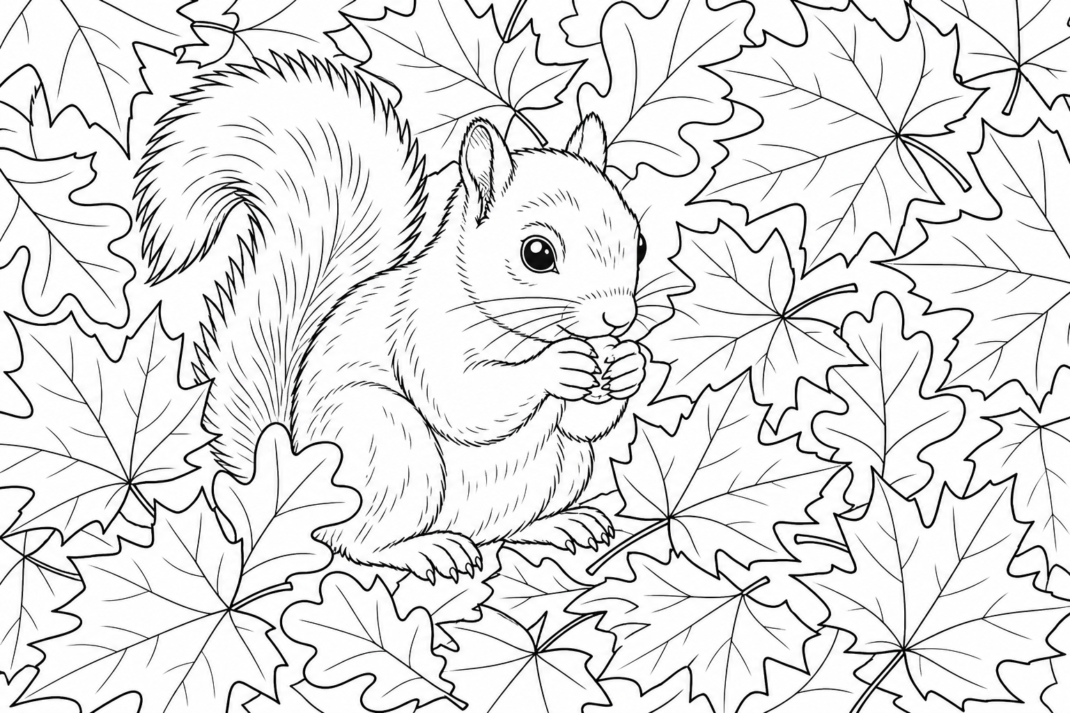 Squirrel in Autumn Leaves Coloring Page