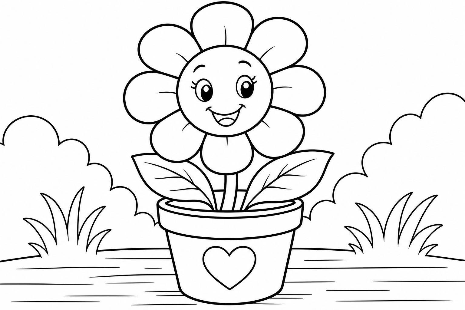 Happy Flower in Pot Coloring Page for Kids
