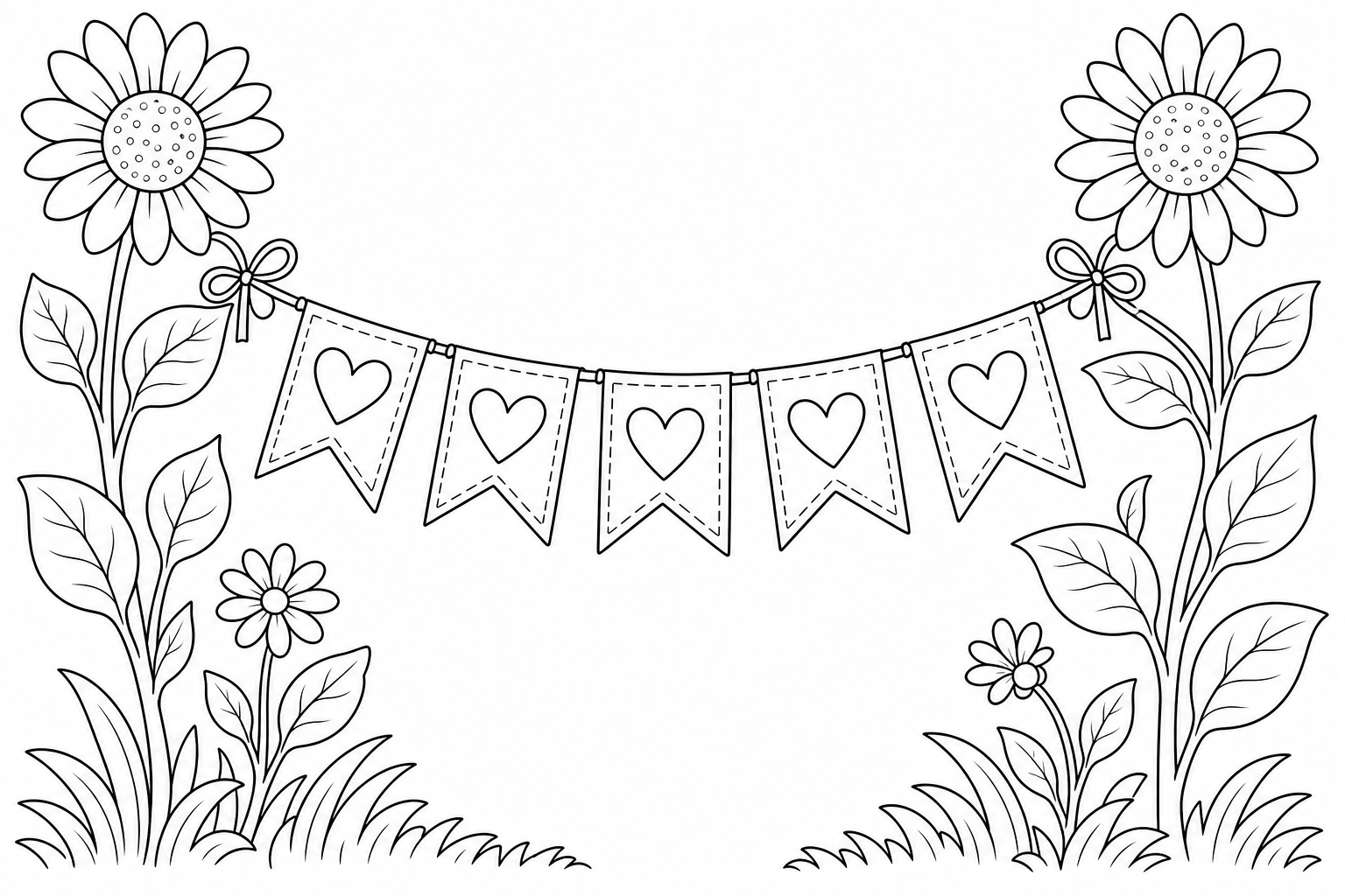 Sunflower and Heart Bunting Coloring Page