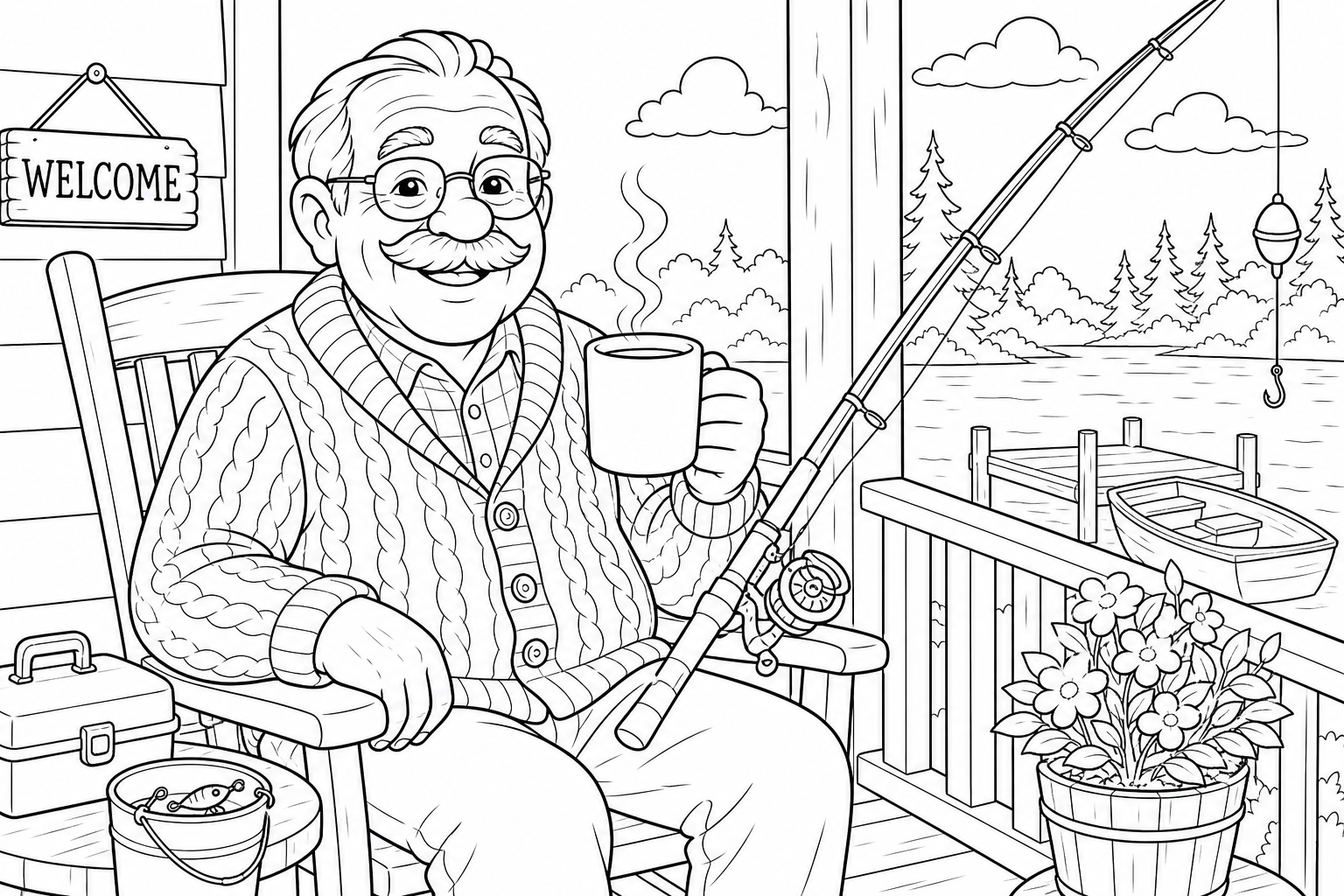 Grandfather Fishing on Porch Coloring Page