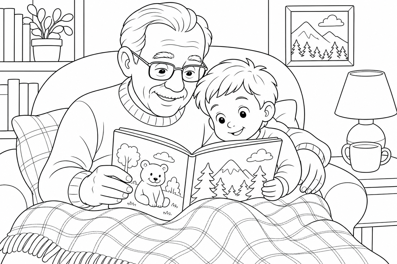 Grandfather Reading to Child Coloring Page
