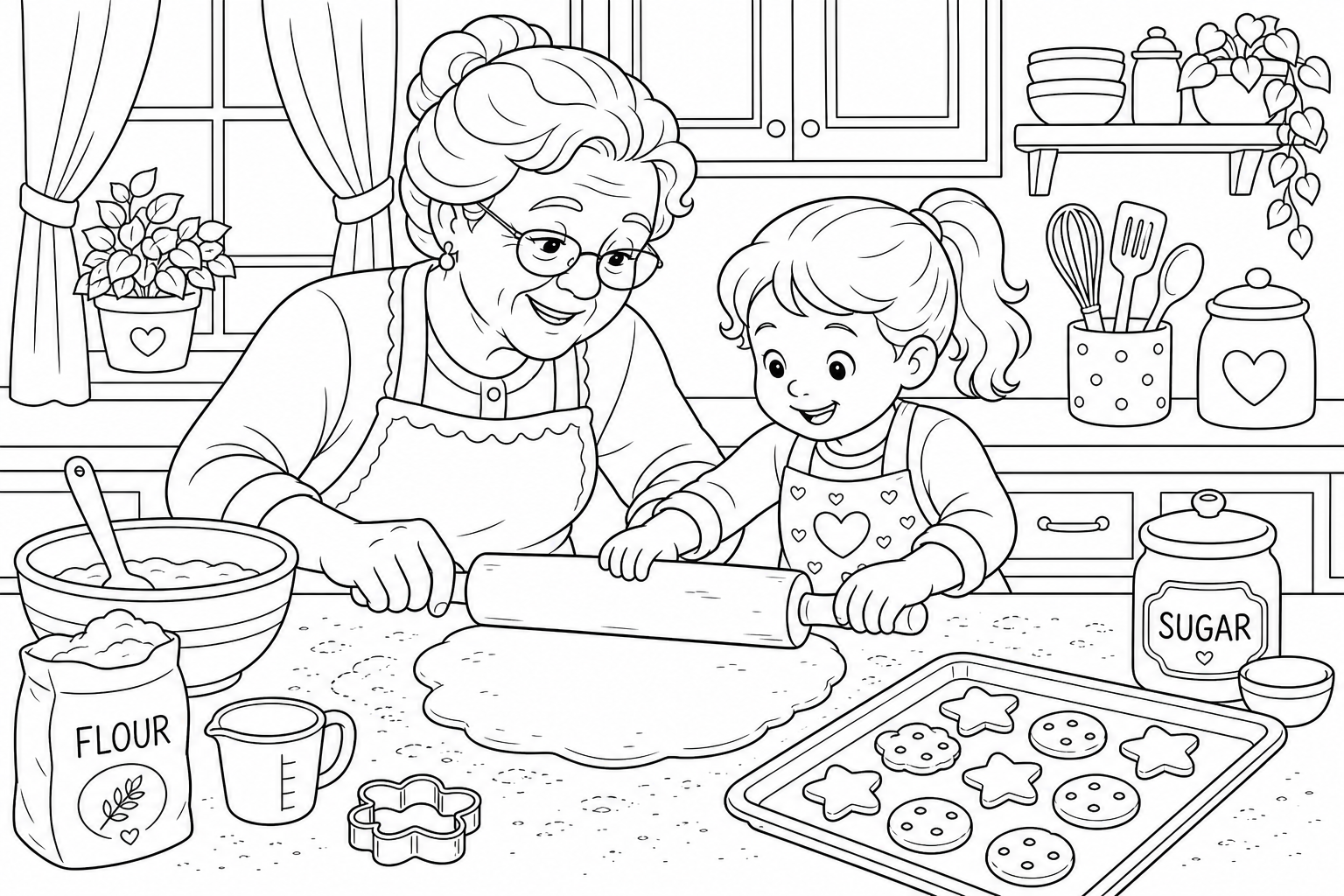 Grandmother and Child Baking Cookies Coloring Page