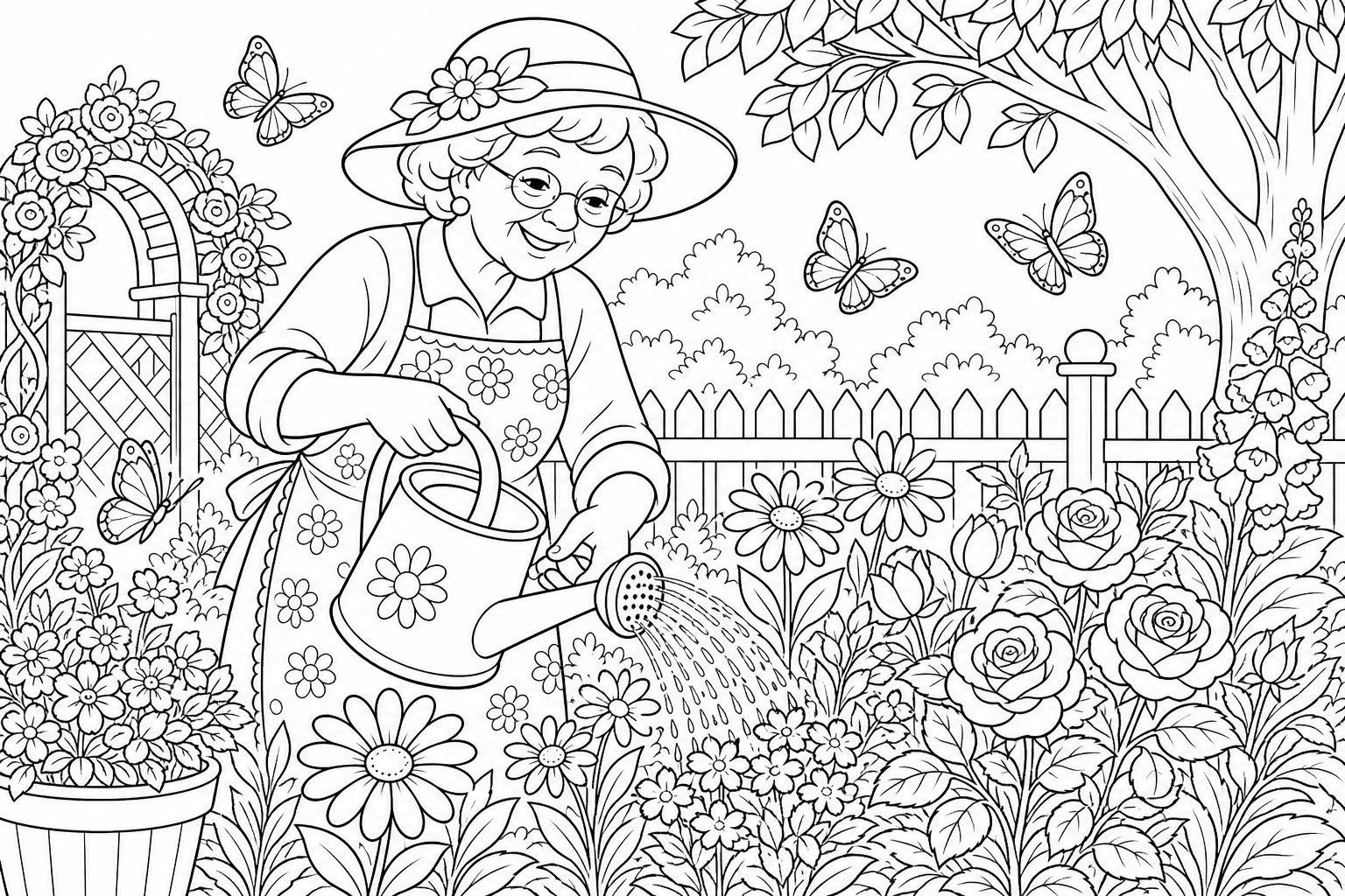Grandmother Gardening Coloring Page for Kids