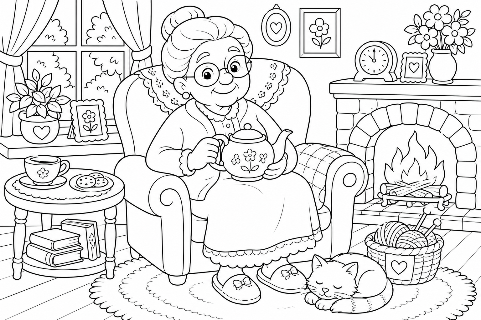 Grandmother by Fireplace Coloring Page