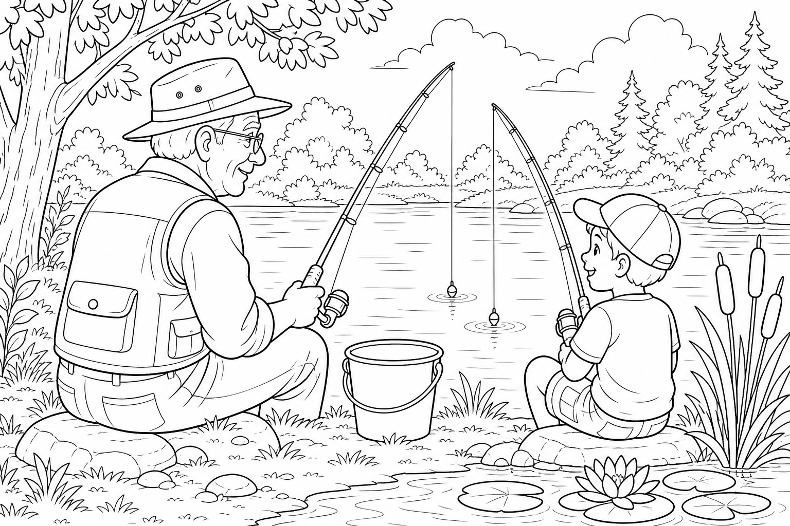 Grandfather and Child Fishing Coloring Page