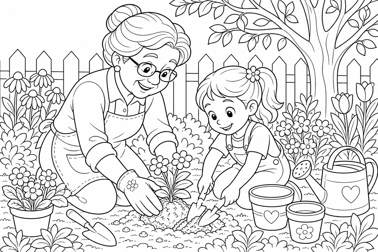 Grandmother and Child Gardening Coloring Page