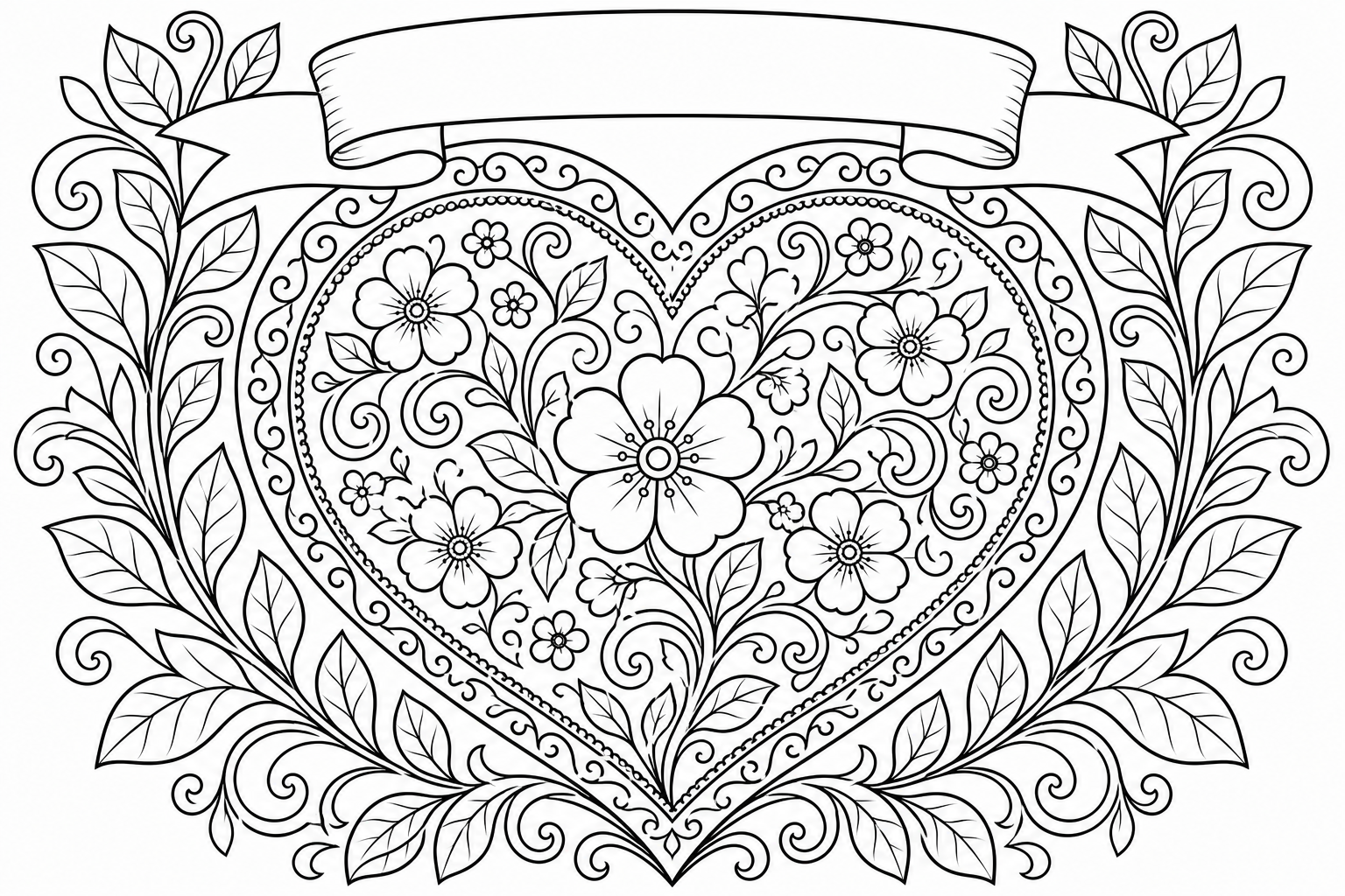 Floral Heart Coloring Page with Banner