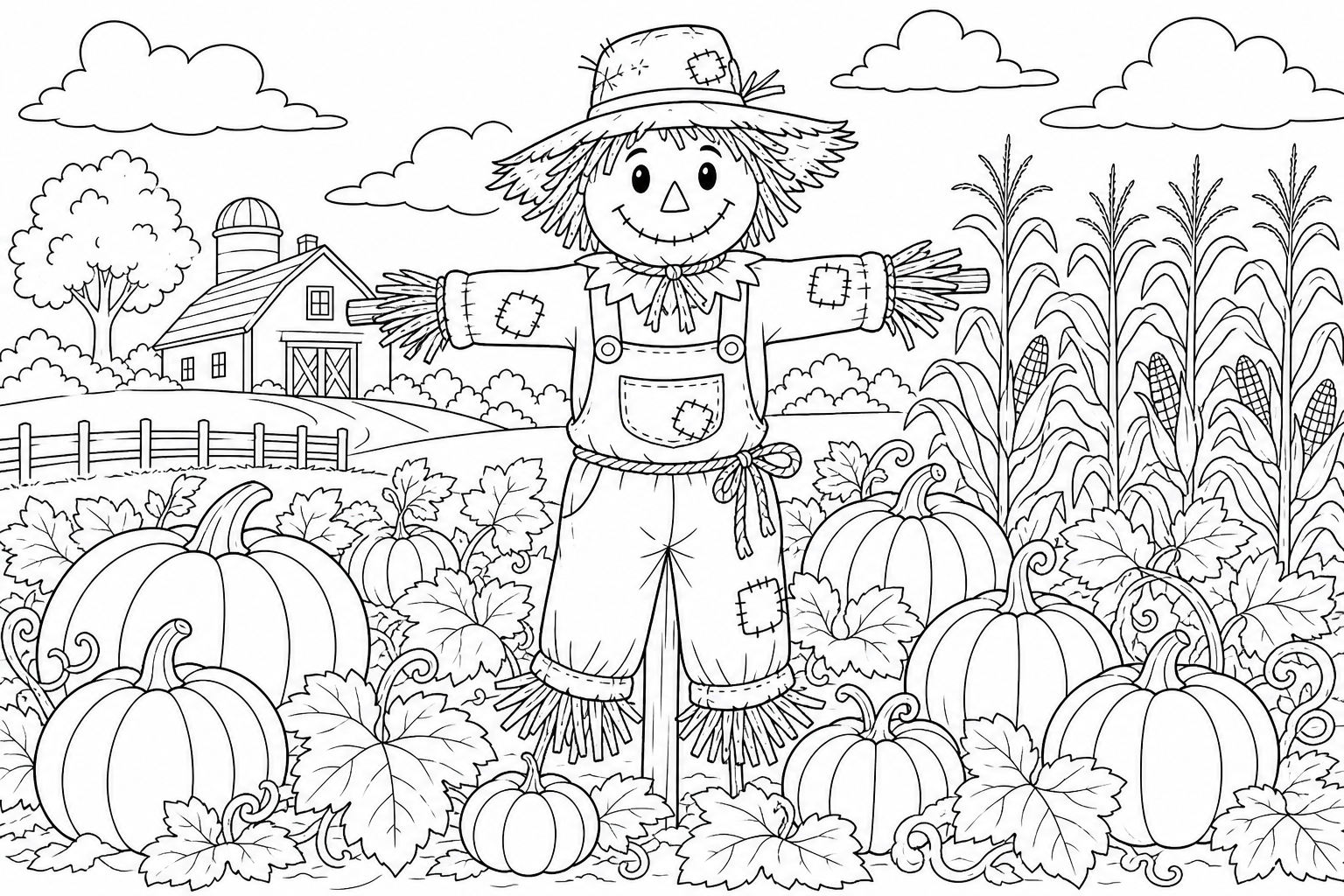 Friendly Scarecrow in Pumpkin Patch Coloring Page