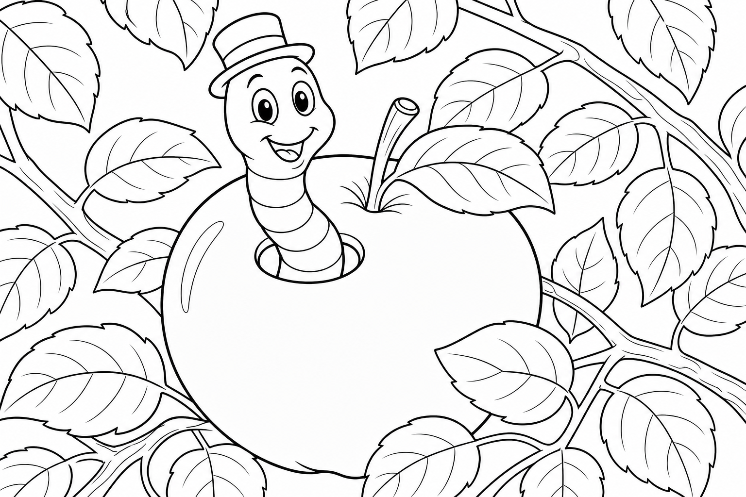 Worm in Apple Coloring Page for Kids