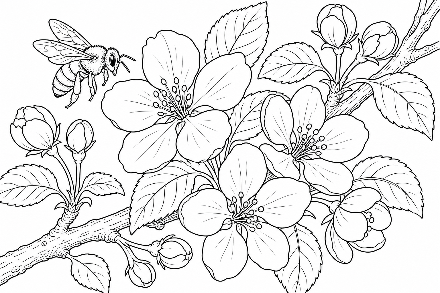 Bee and Apple Blossom Coloring Page
