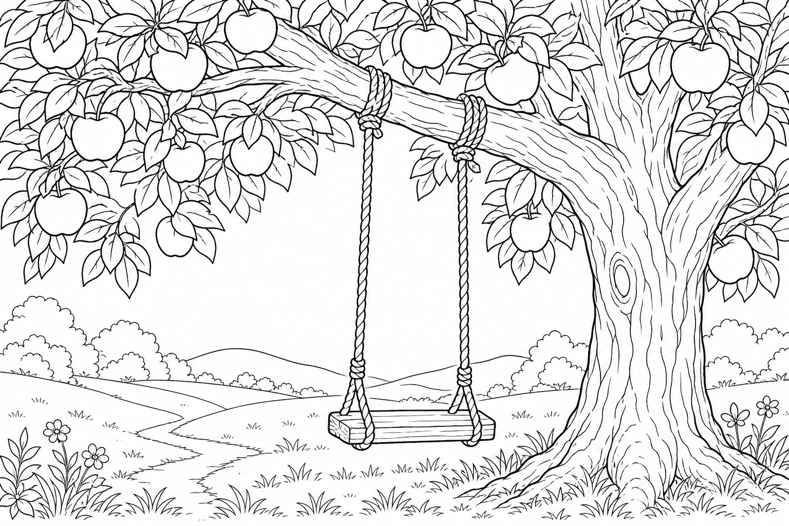 Apple Tree Swing Coloring Page for Kids