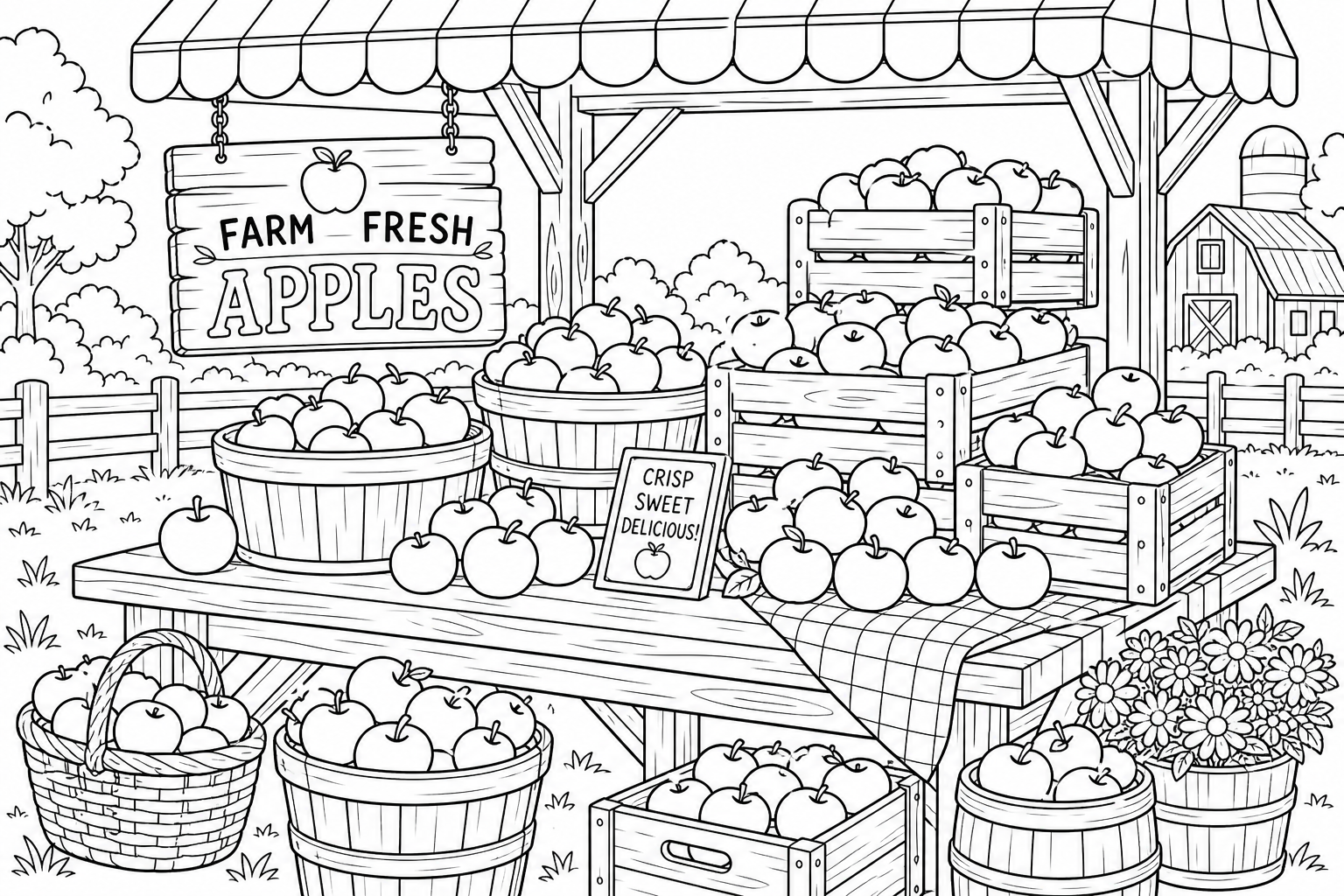 Farm Stand Apple Coloring Page for Kids