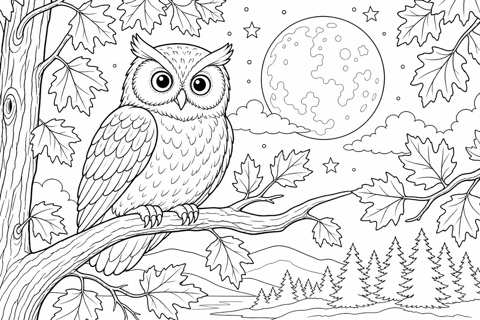 Owl on Branch Coloring Page for Kids