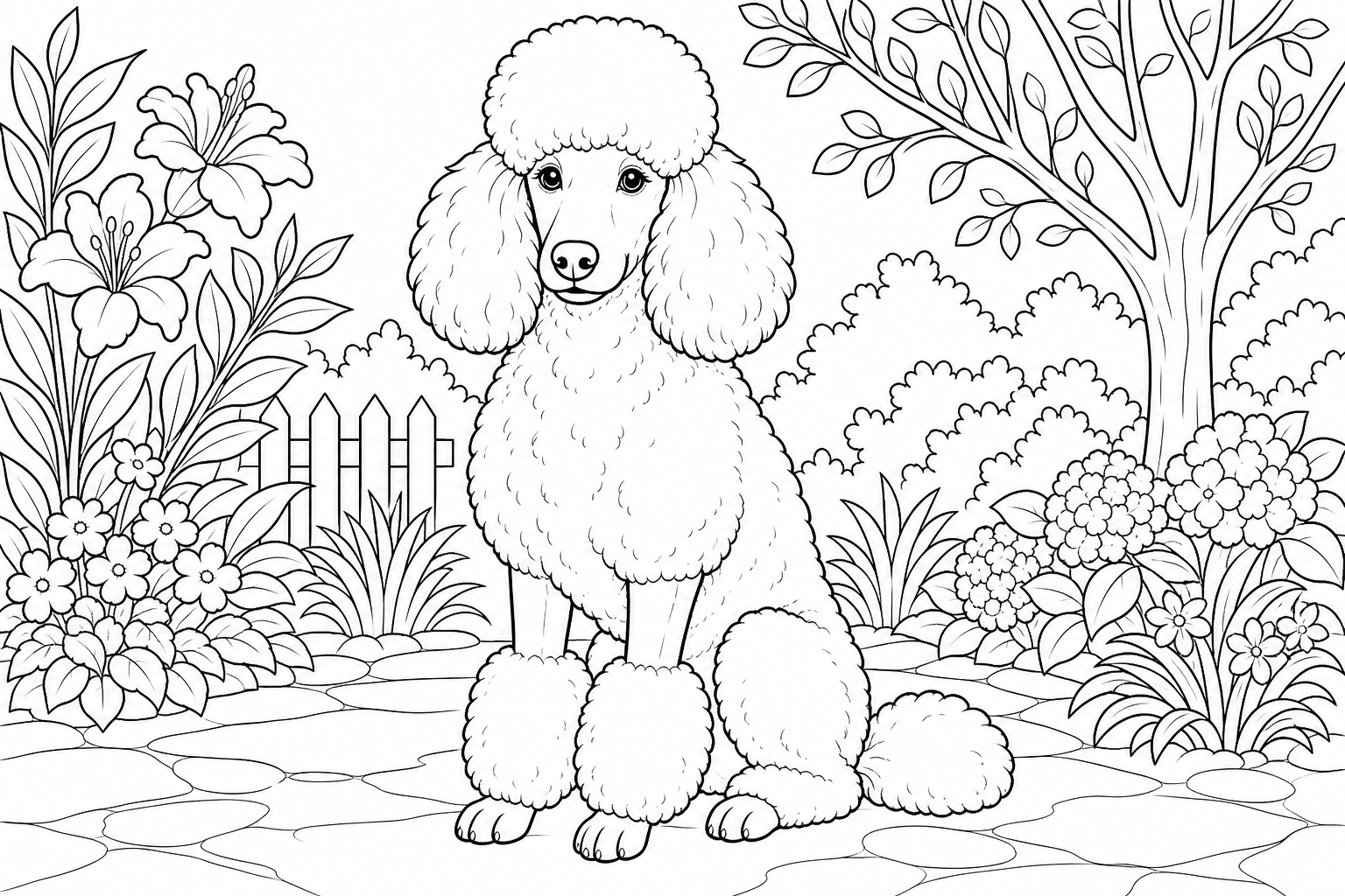 Poodle in Garden Coloring Page