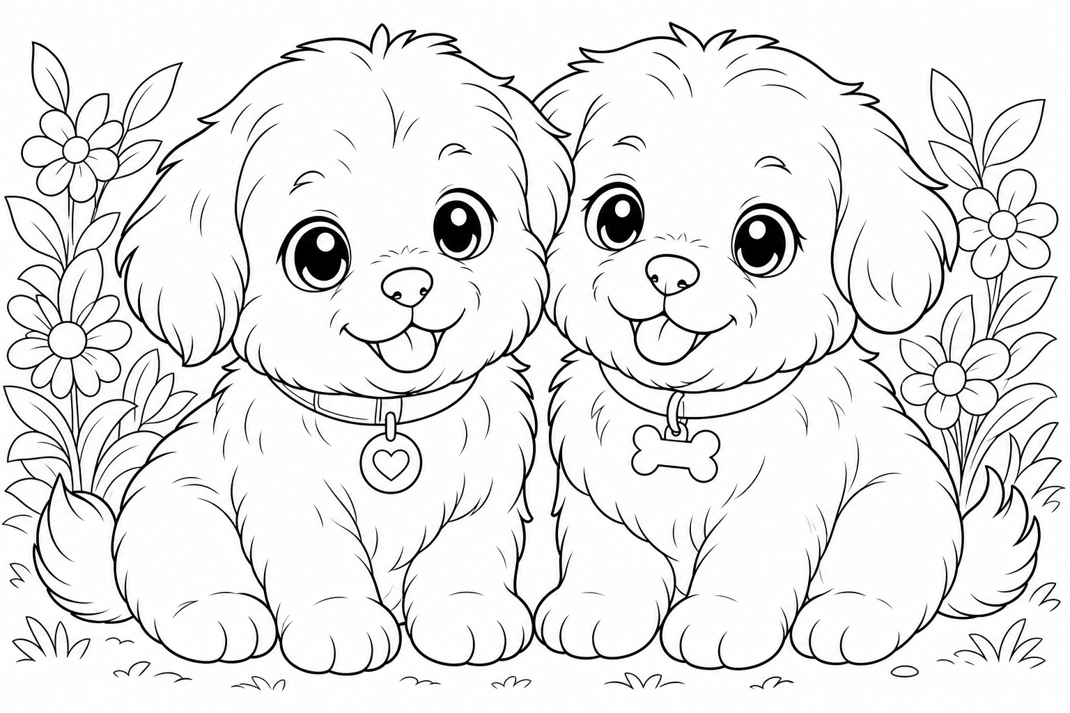 Two Cute Puppies Coloring Page