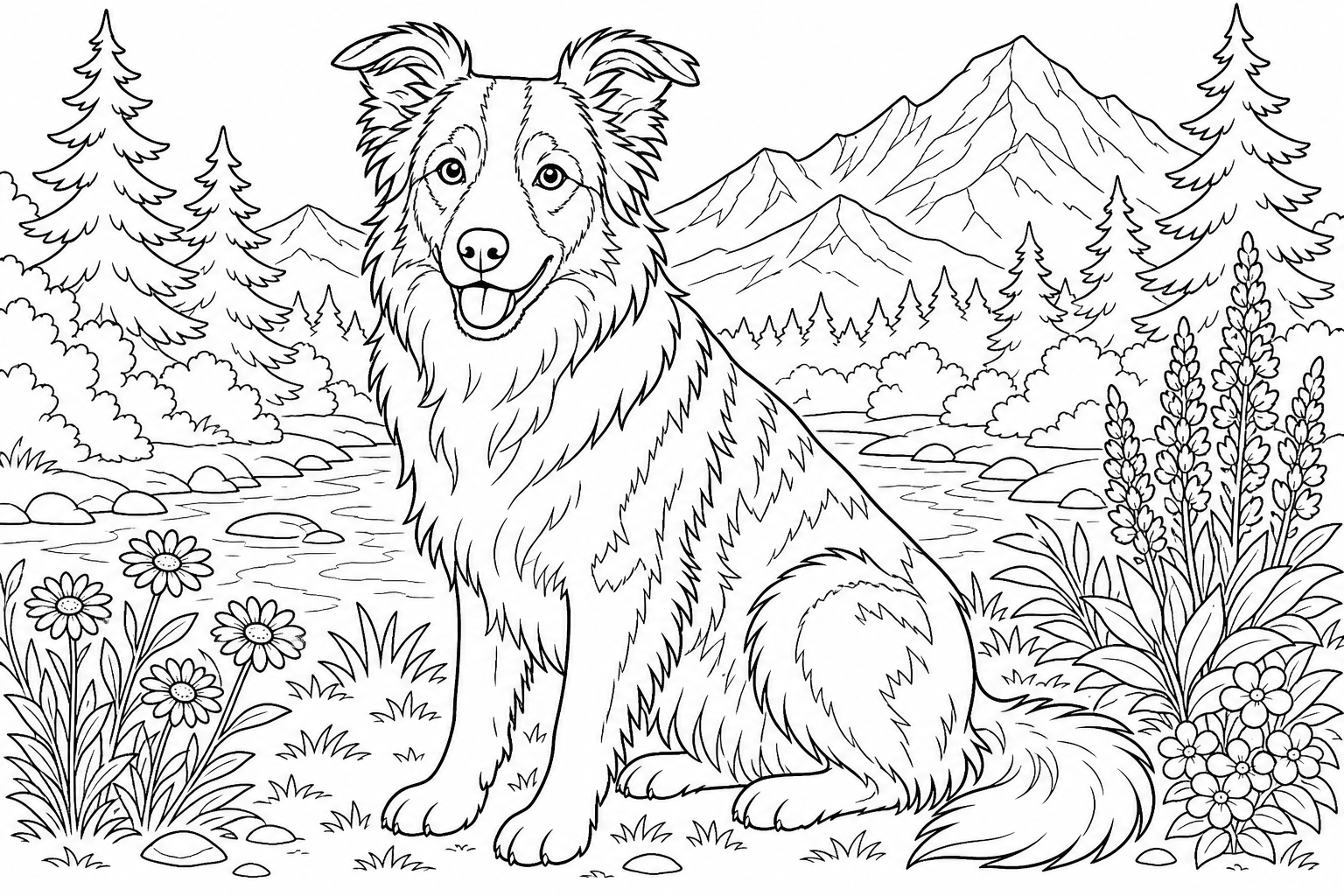 Border Collie in Mountains Coloring Page