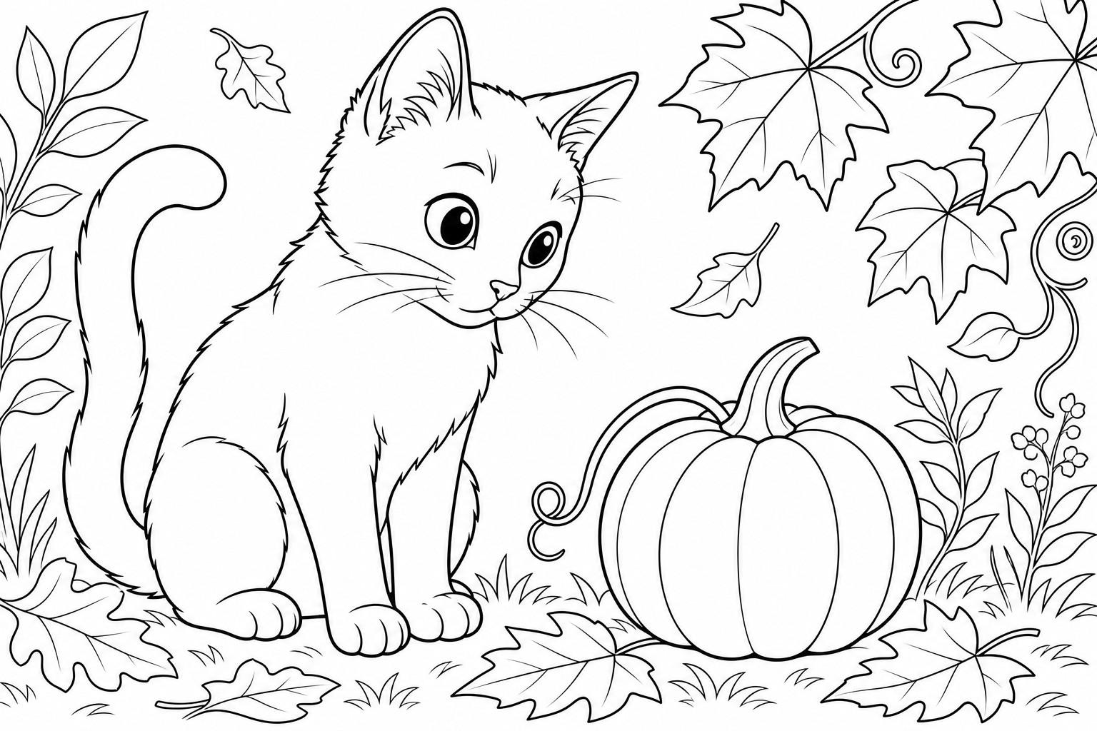 Cute Kitten and Pumpkin Coloring Page