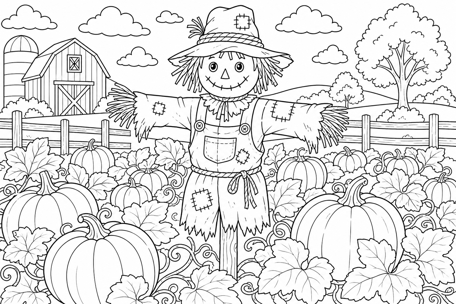 Scarecrow in Pumpkin Patch Coloring Page