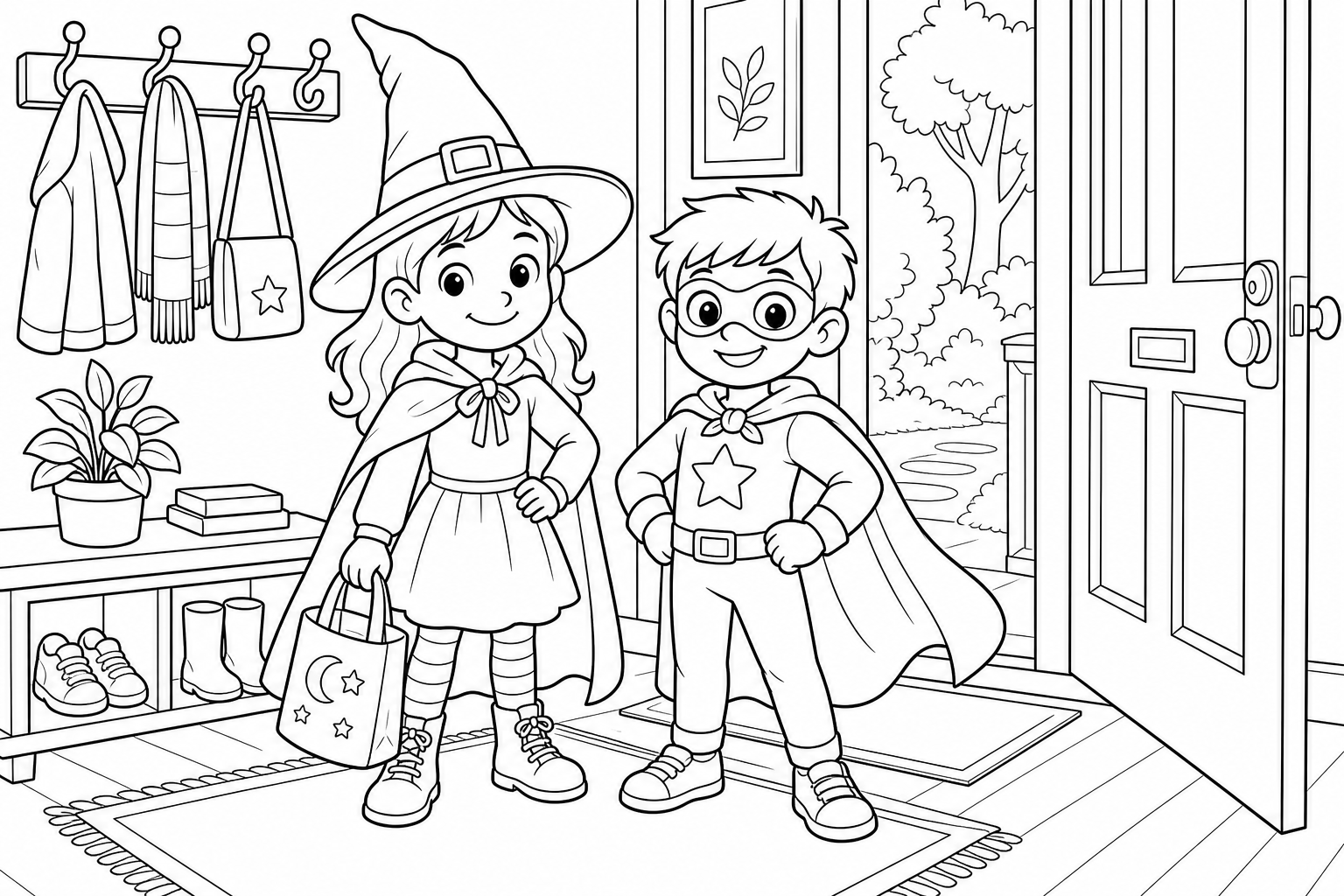 Witch and Superhero Kids Coloring Page