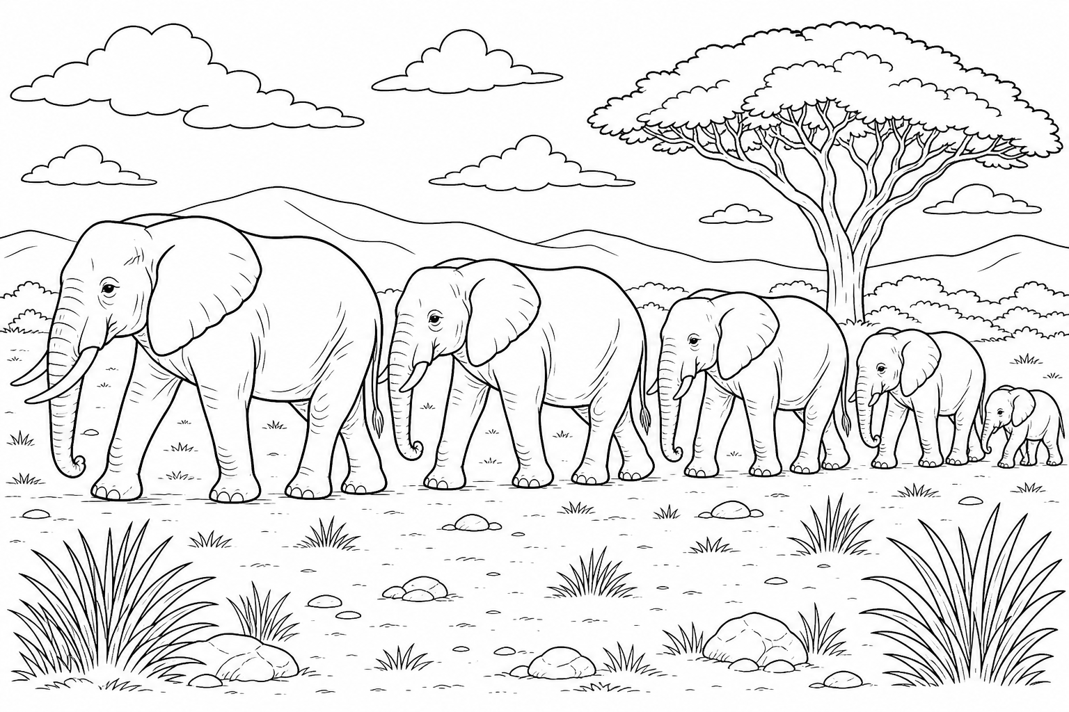 Elephant Family Coloring Page for Kids