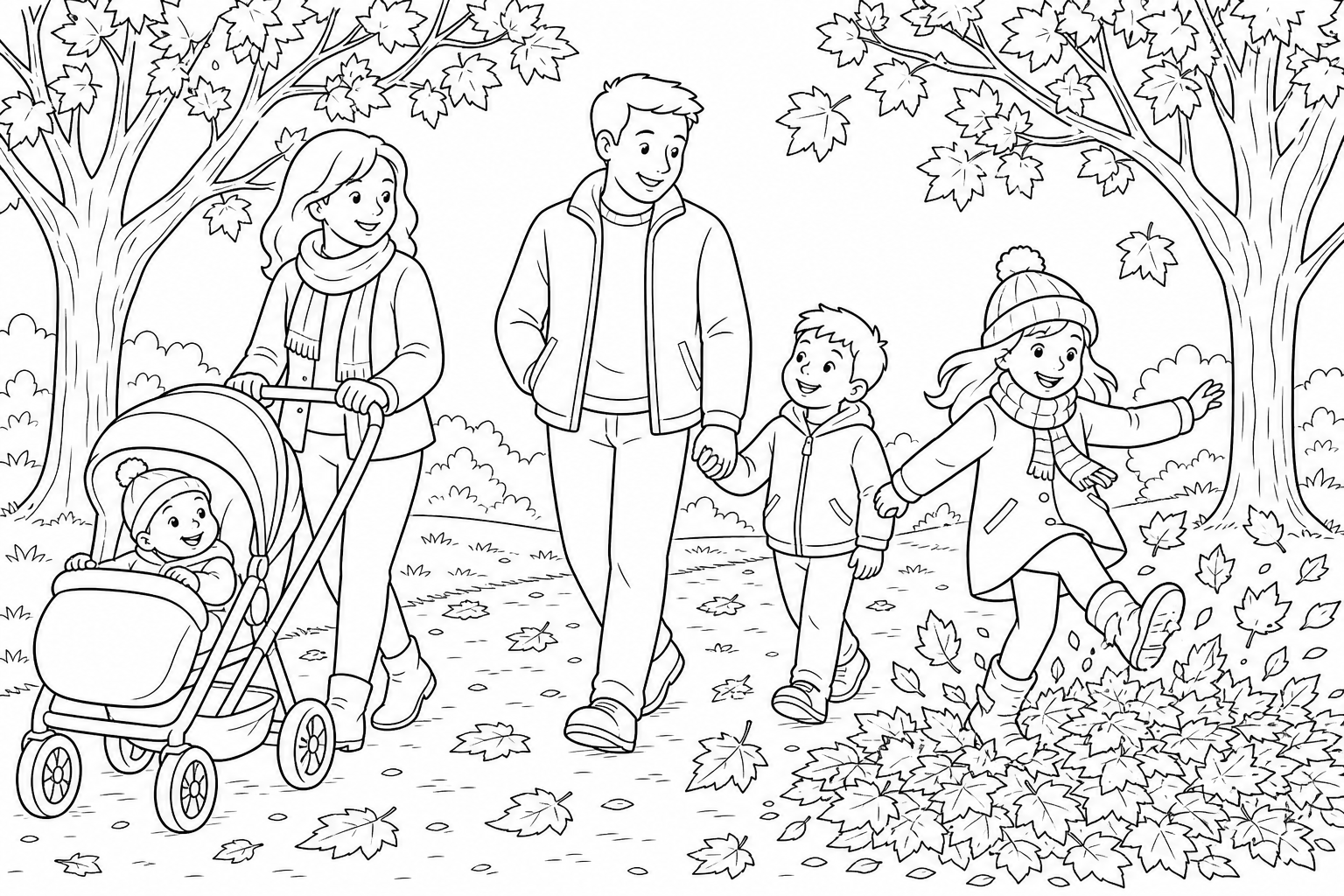 Family Autumn Walk Coloring Page