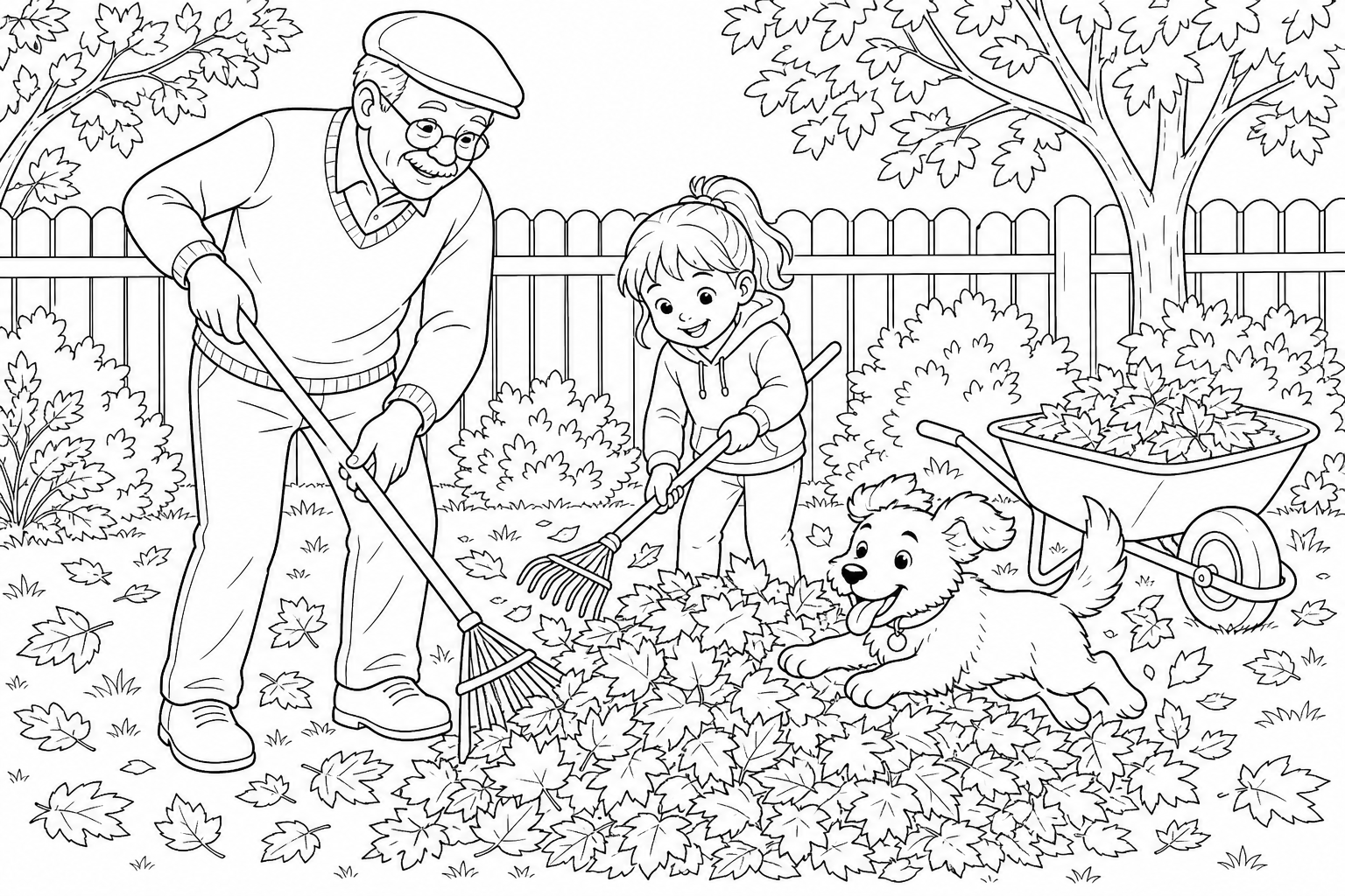 Grandfather and Girl Raking Leaves Coloring Page